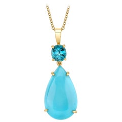 Sleeping Beauty Mine Turquoise Cabochon  and Blue Zircon 18 Karat Gold Pendant