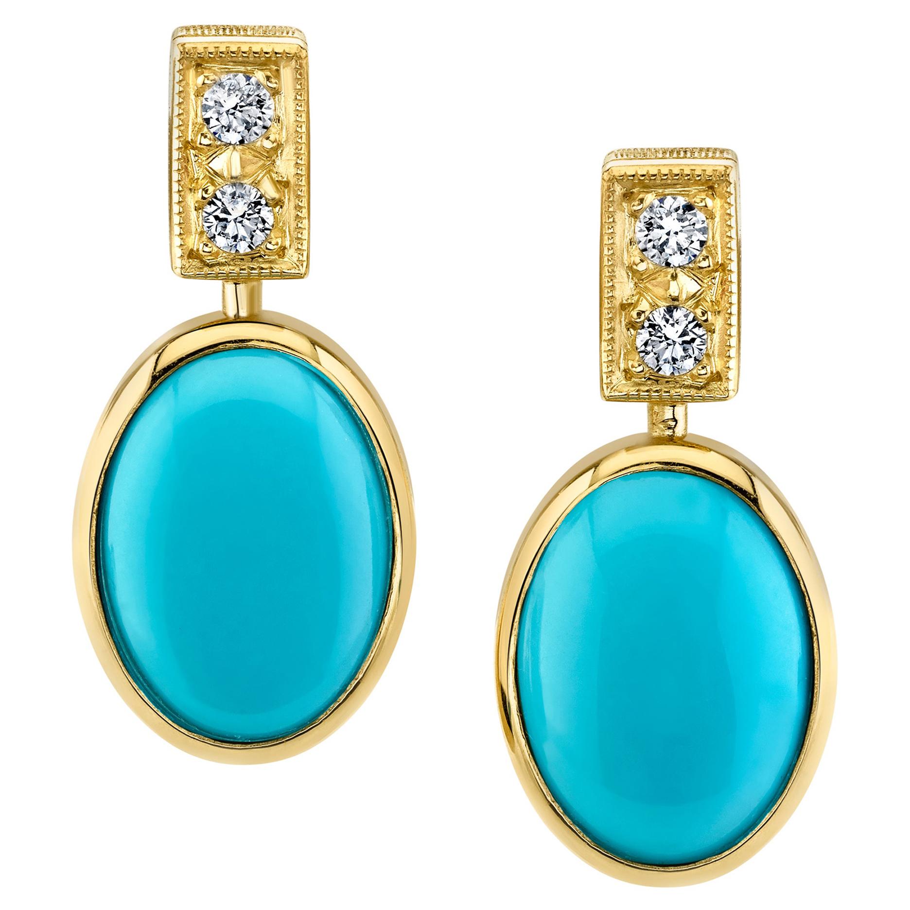 Sleeping Beauty Turquoise and Diamond Drop Earrings in 18k Yellow Gold 