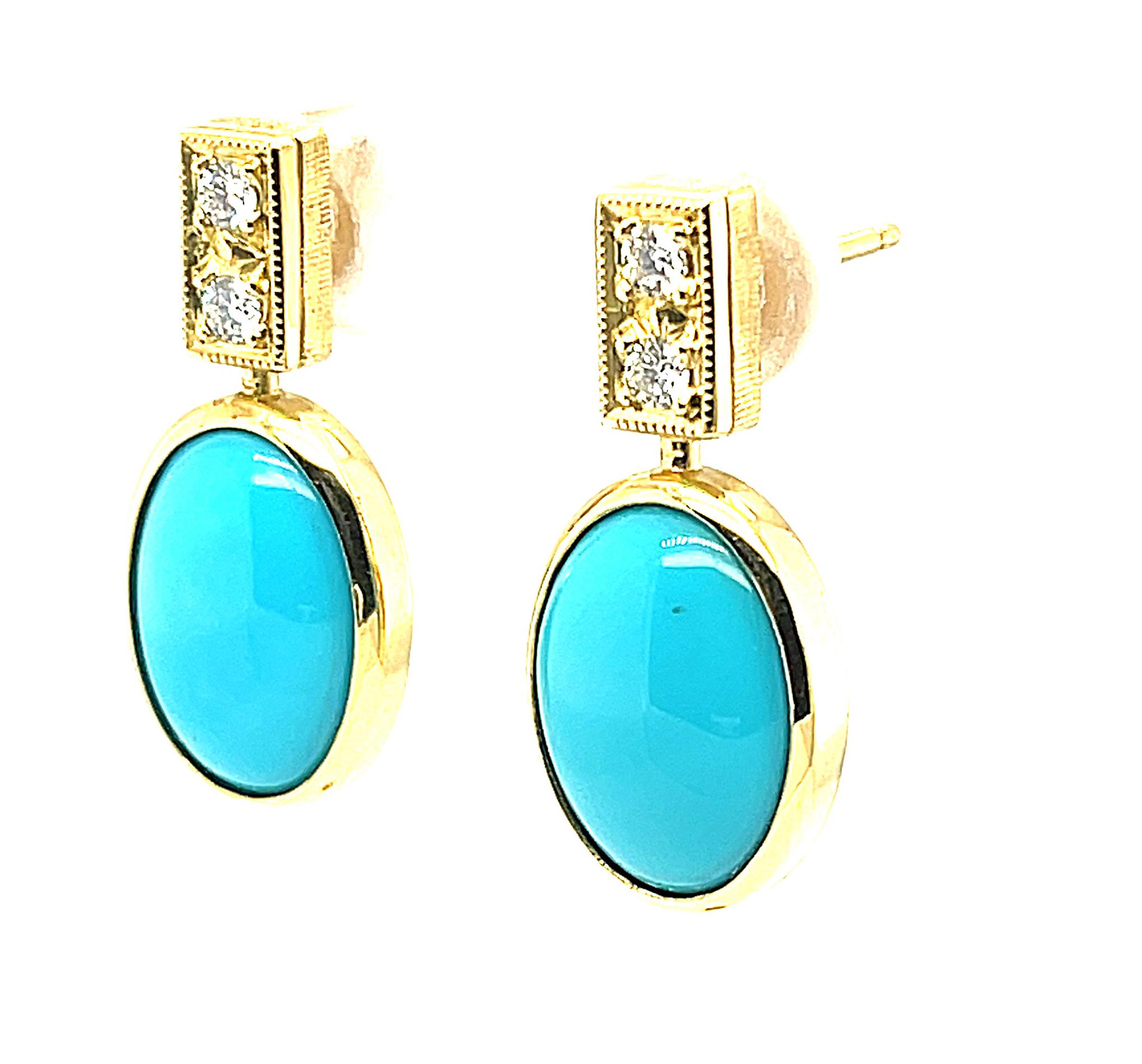 Women's Sleeping Beauty Turquoise and Diamond Drop Earrings in 18k Yellow Gold 