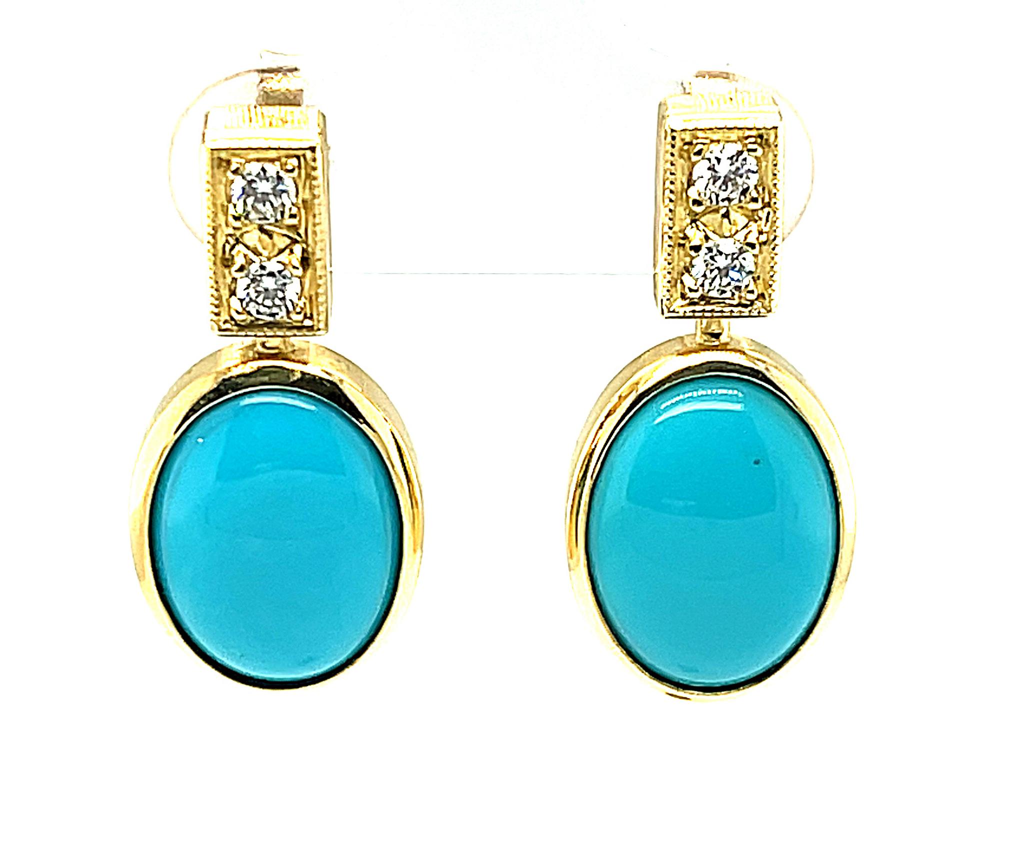 Turquoise from the Sleeping Beauty Mine (like the gems is these drop earrings) is the finest there is. The intense, even turquoise blue color is absolutely beautiful., but the mine is no longer producing these fine stones. These earrings feature