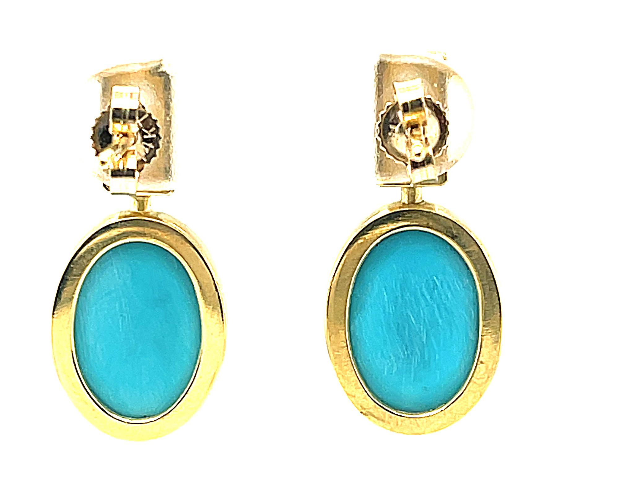 Artisan Sleeping Beauty Turquoise and Diamond Drop Earrings in 18k Yellow Gold 