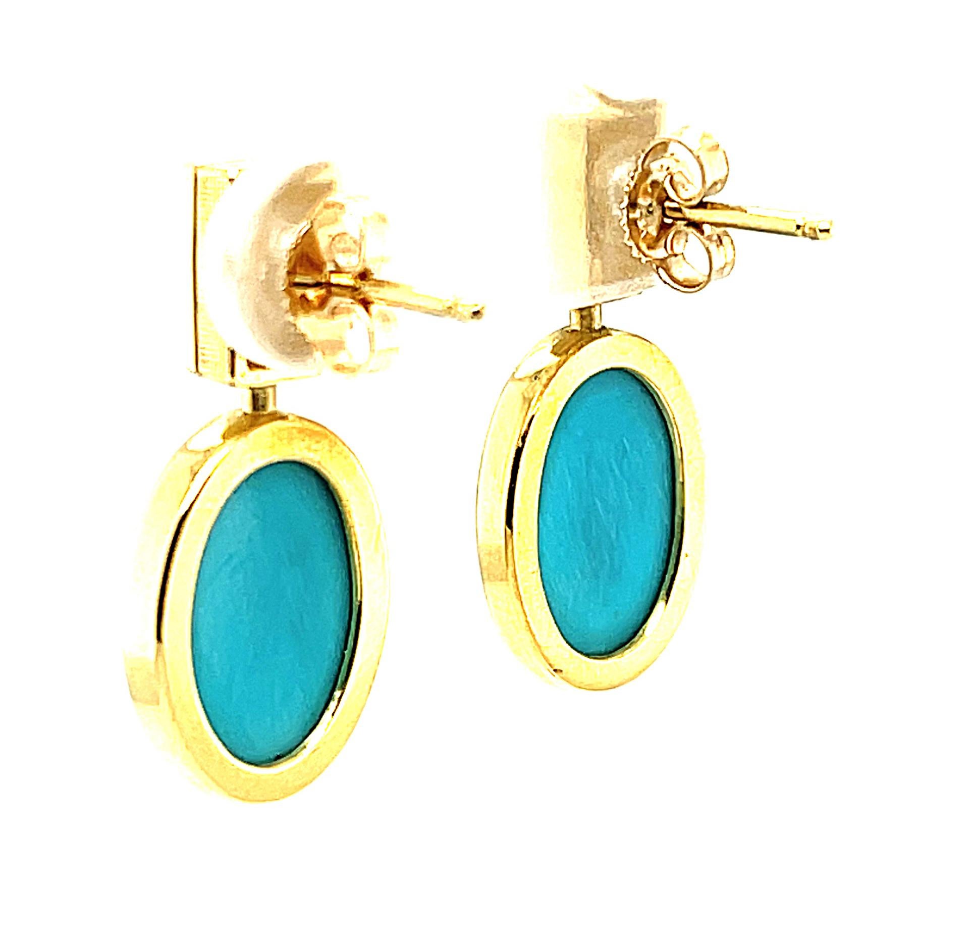 Cabochon Sleeping Beauty Turquoise and Diamond Drop Earrings in 18k Yellow Gold 