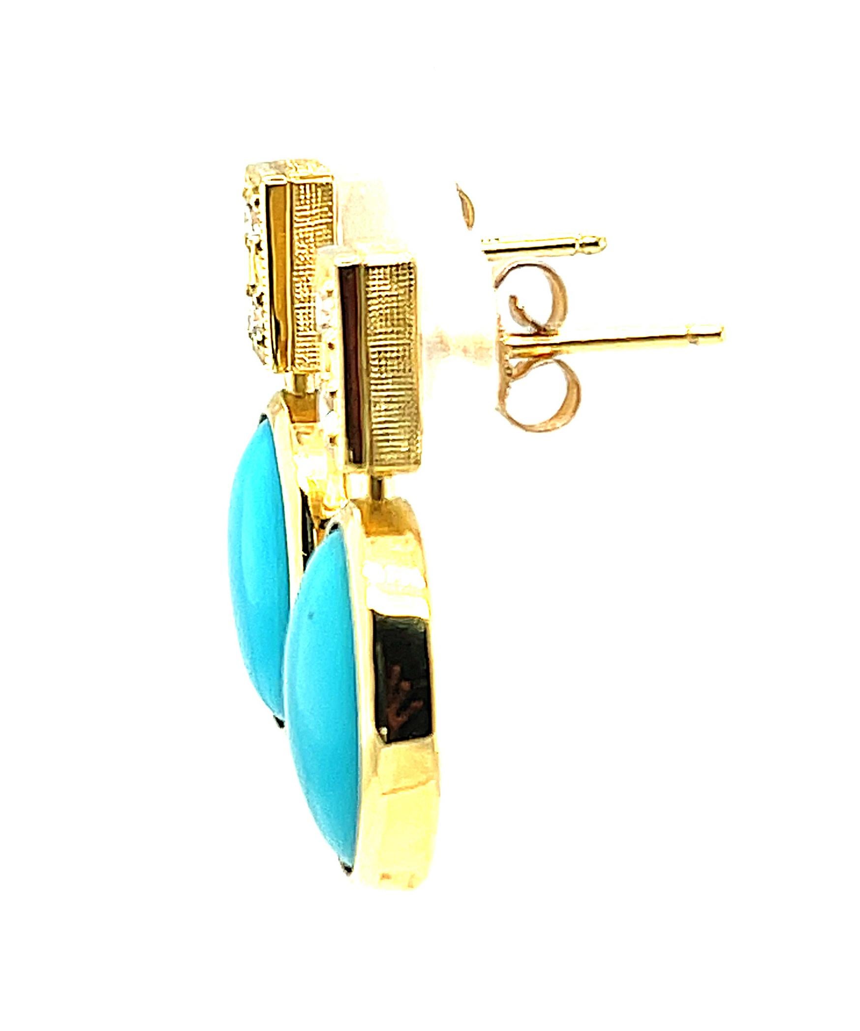 Sleeping Beauty Turquoise and Diamond Drop Earrings in 18k Yellow Gold  In New Condition In Los Angeles, CA