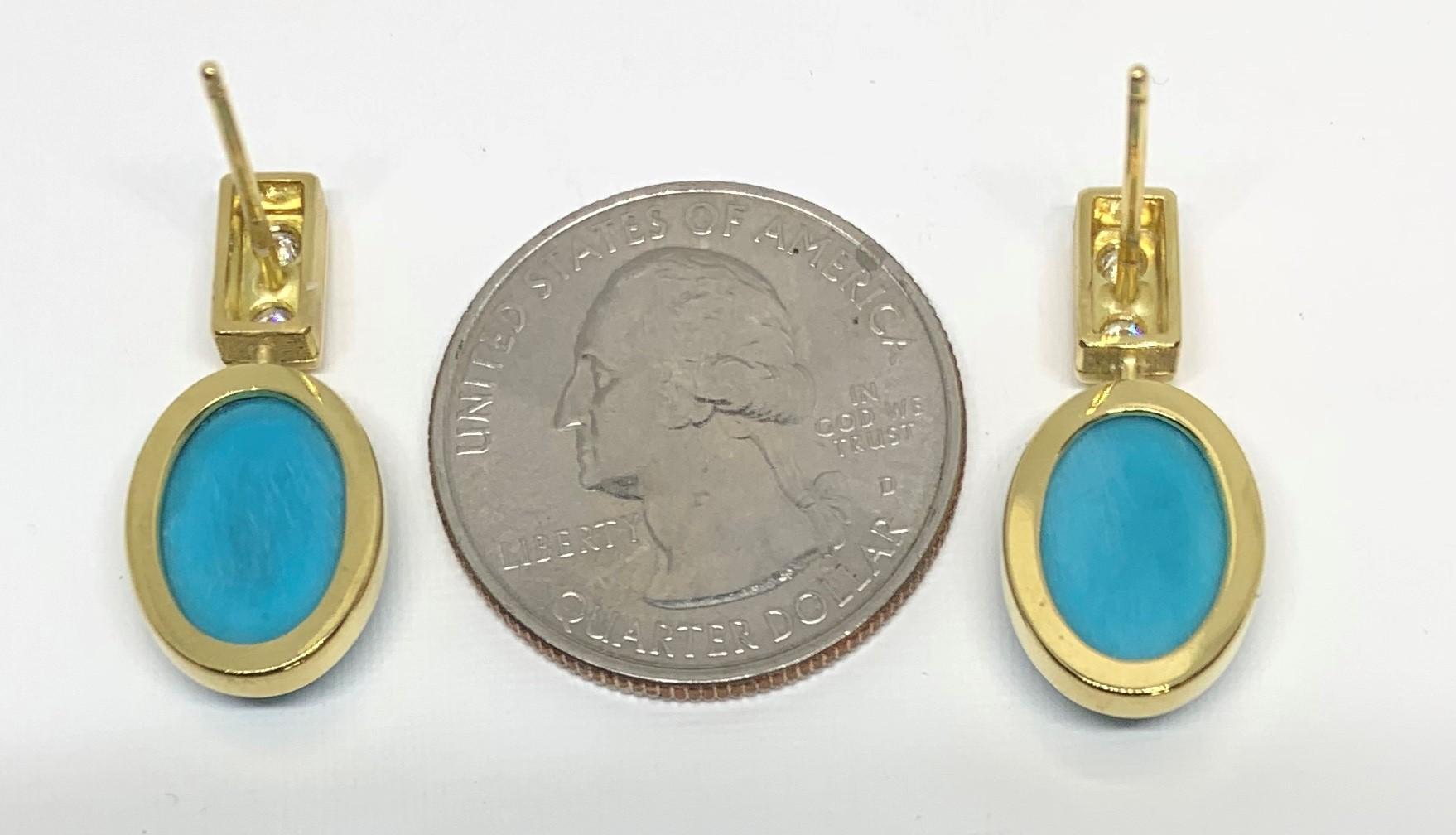 Sleeping Beauty Turquoise and Diamond Drop Earrings in 18k Yellow Gold  1