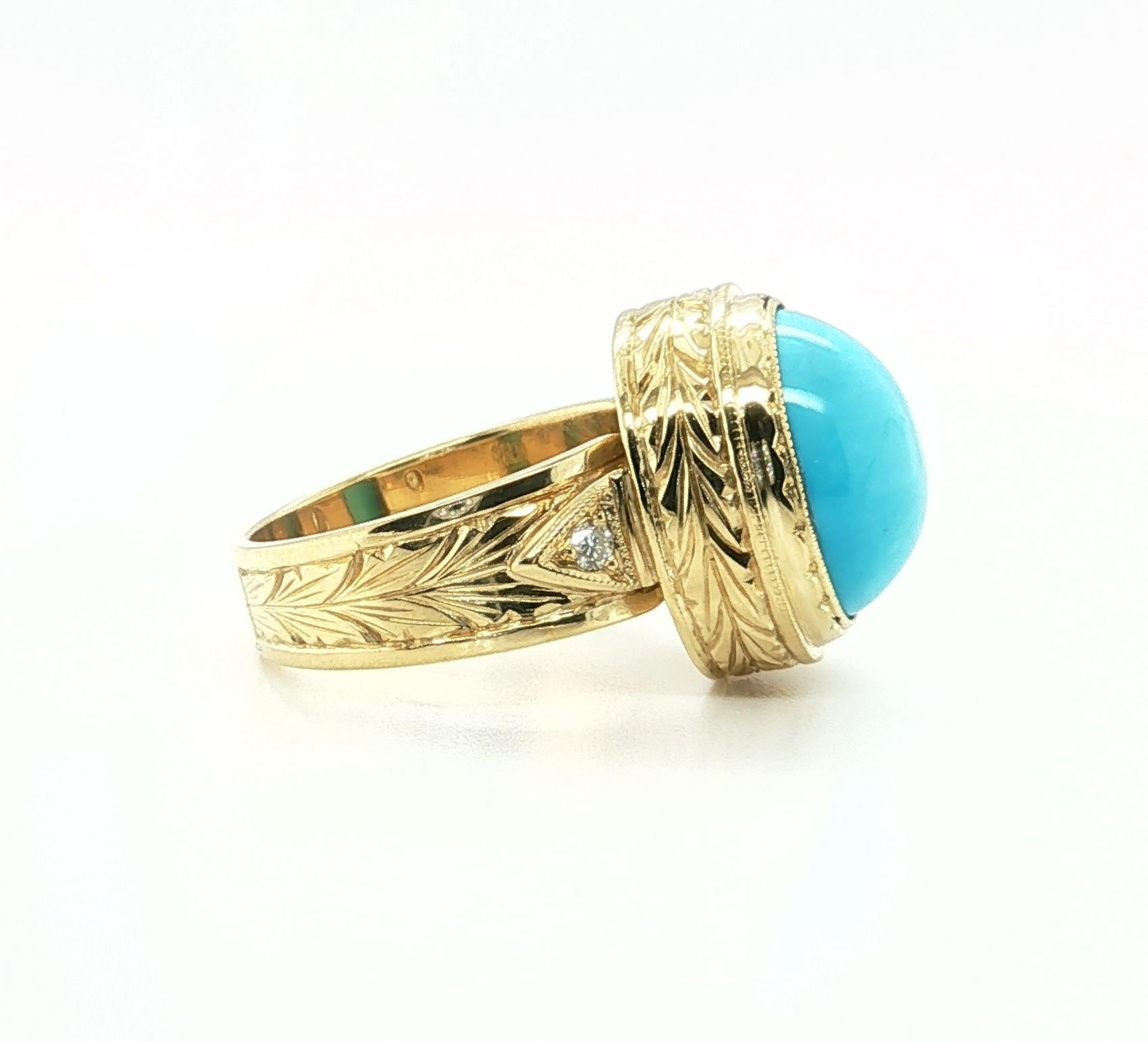 Artisan Bague à chaton en or jaune avec cabochon de turquoise et diamant Sleeping Beauty Mine en vente