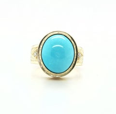 Turquoise Cabochon Diamond Yellow Gold Bezel Band Ring
