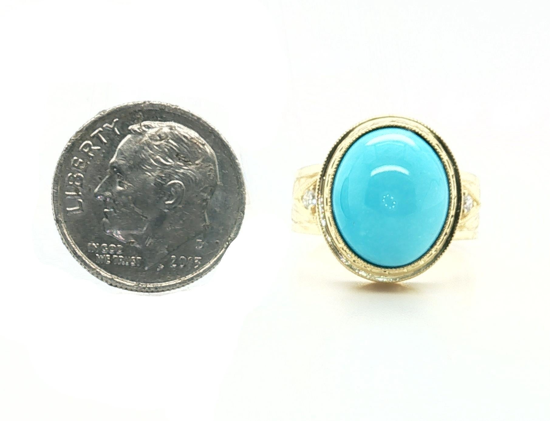 Bague à chaton en or jaune avec cabochon de turquoise et diamant Sleeping Beauty Mine Pour femmes en vente