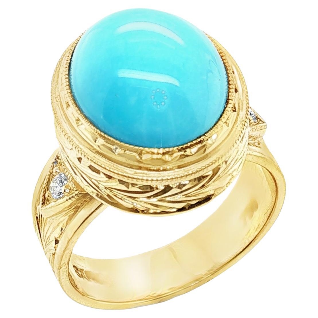 Anello a fascia in oro giallo con diamante e cabochon di turchese della miniera della Bella Addormentata