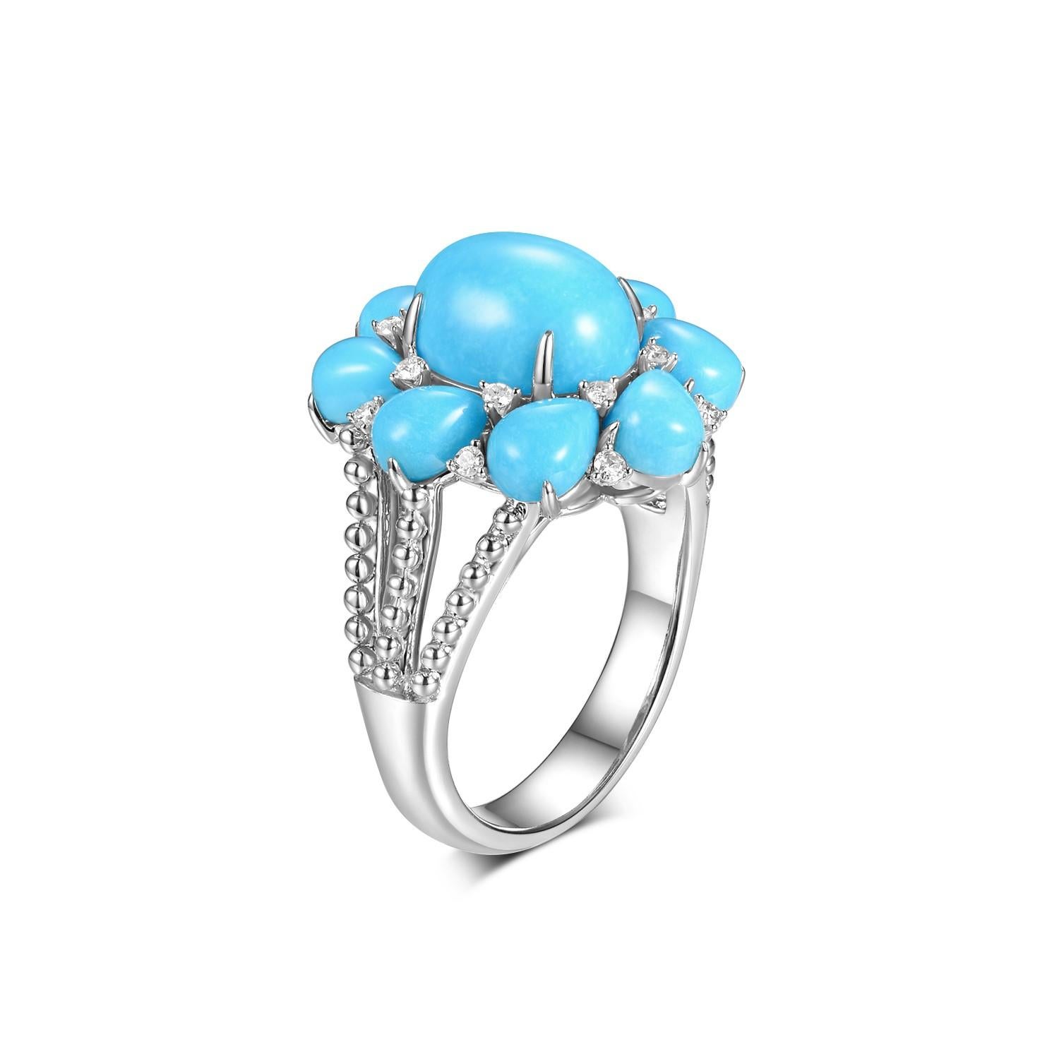 Dieser Türkisring hat 2,95 Karat ovalen Türkis in der Mitte, umgeben von 3,16 Karat birnenförmigem Türkis. Mit 0,15 Karat runden weißen Diamanten besetzt.  Alle in der Produktion verwendeten Türkise stammen aus der bekannten Sleeping Beauty Mine. 