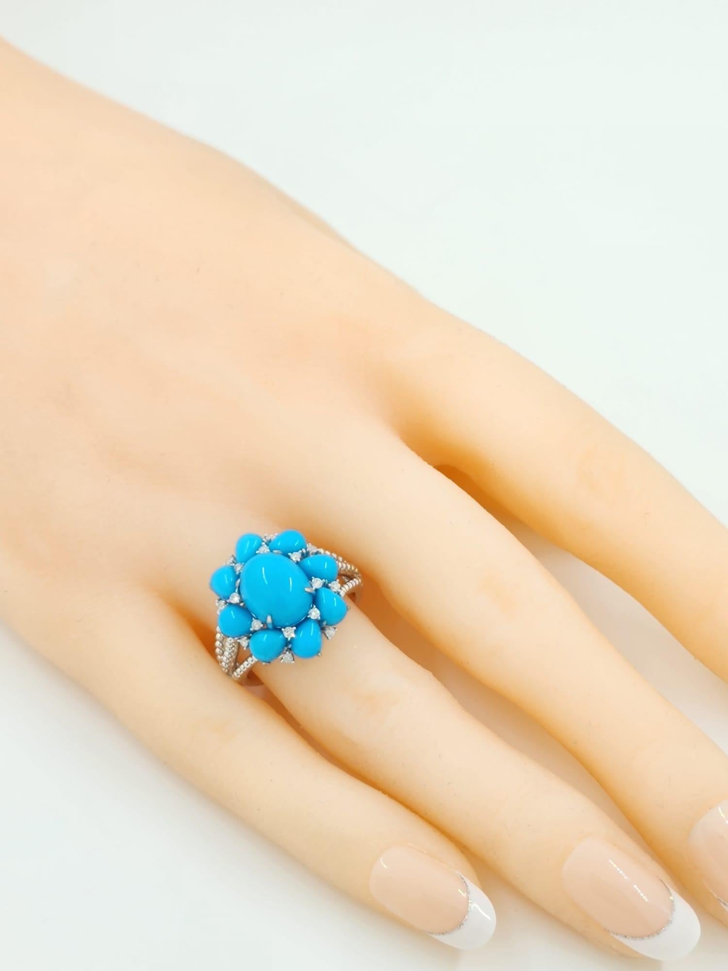 Art Deco Sleeping Beauty Mine Turquoise Diamond Cluster Ring in 18 Karat White Gold For Sale