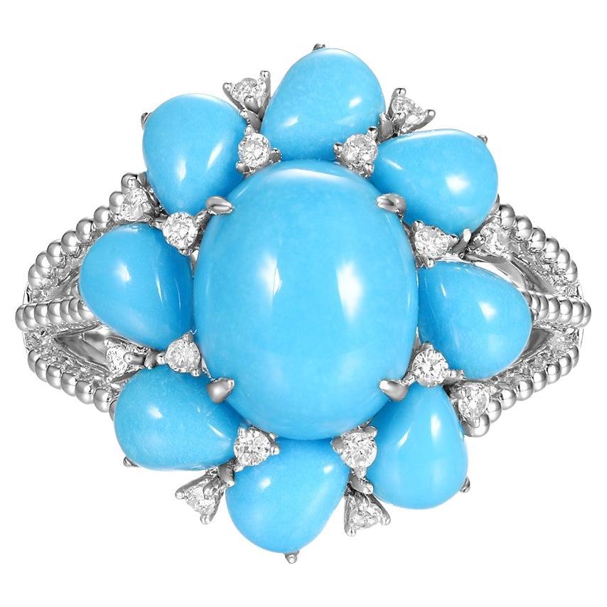 Sleeping Beauty Mine Turquoise Diamond Cluster Ring in 18 Karat White Gold For Sale