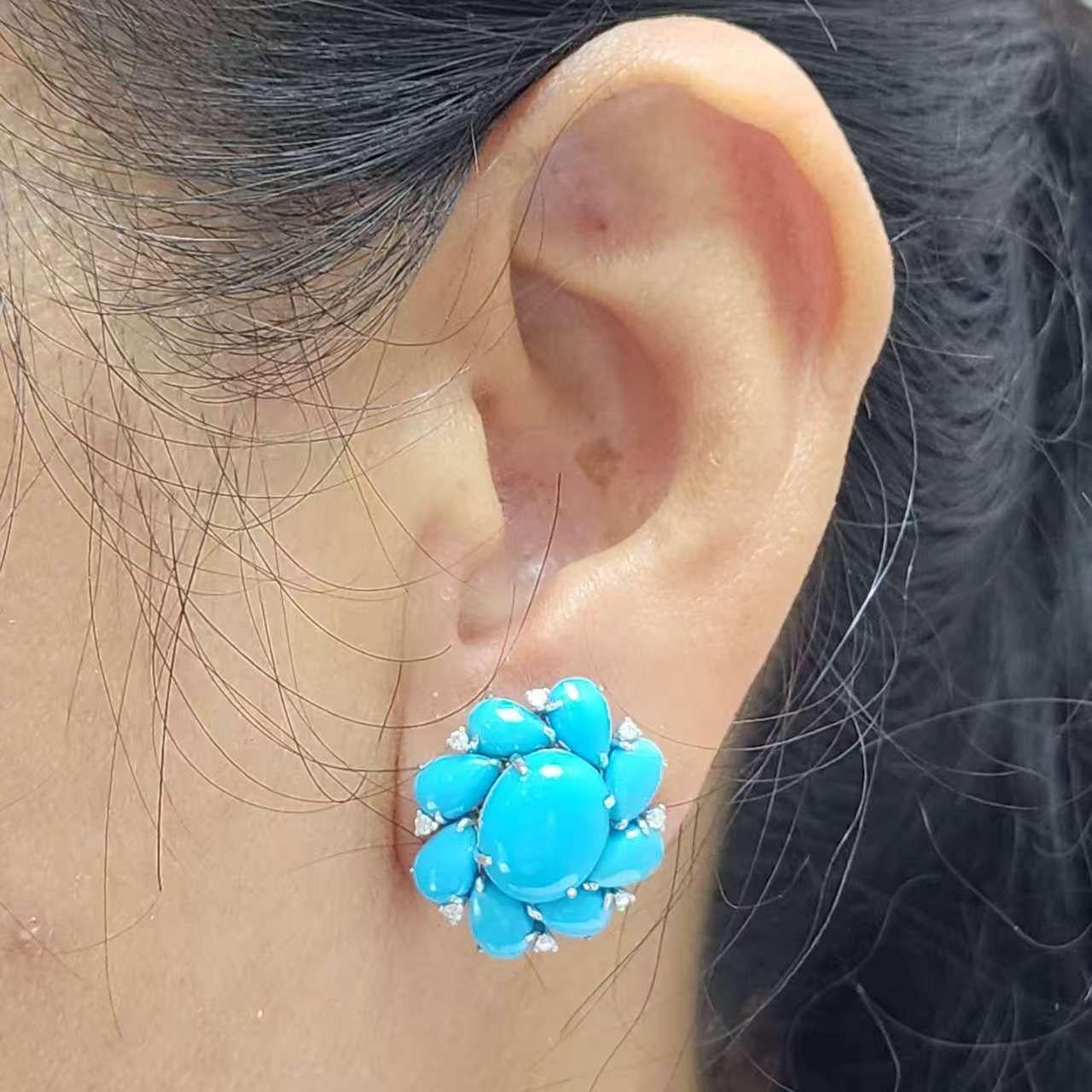 Orecchini con diamante e turchese della miniera della Bella Addormentata in oro bianco 14 carati in vendita 4