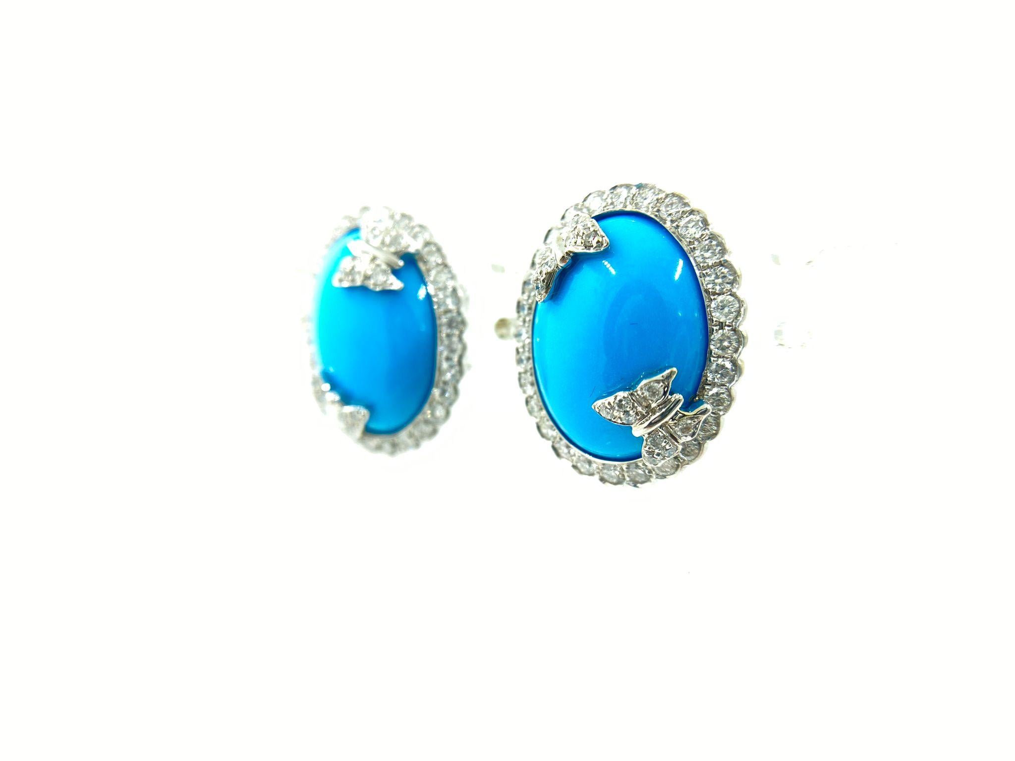 Dive into the serene hues of our exquisite turquoise earrings, showcasing a generous 15.20 carats of oval cabochon turquoise. Mined from the renowned Sleeping Beauty Mine, these gemstones are celebrated for their pure, light blue coloration, free