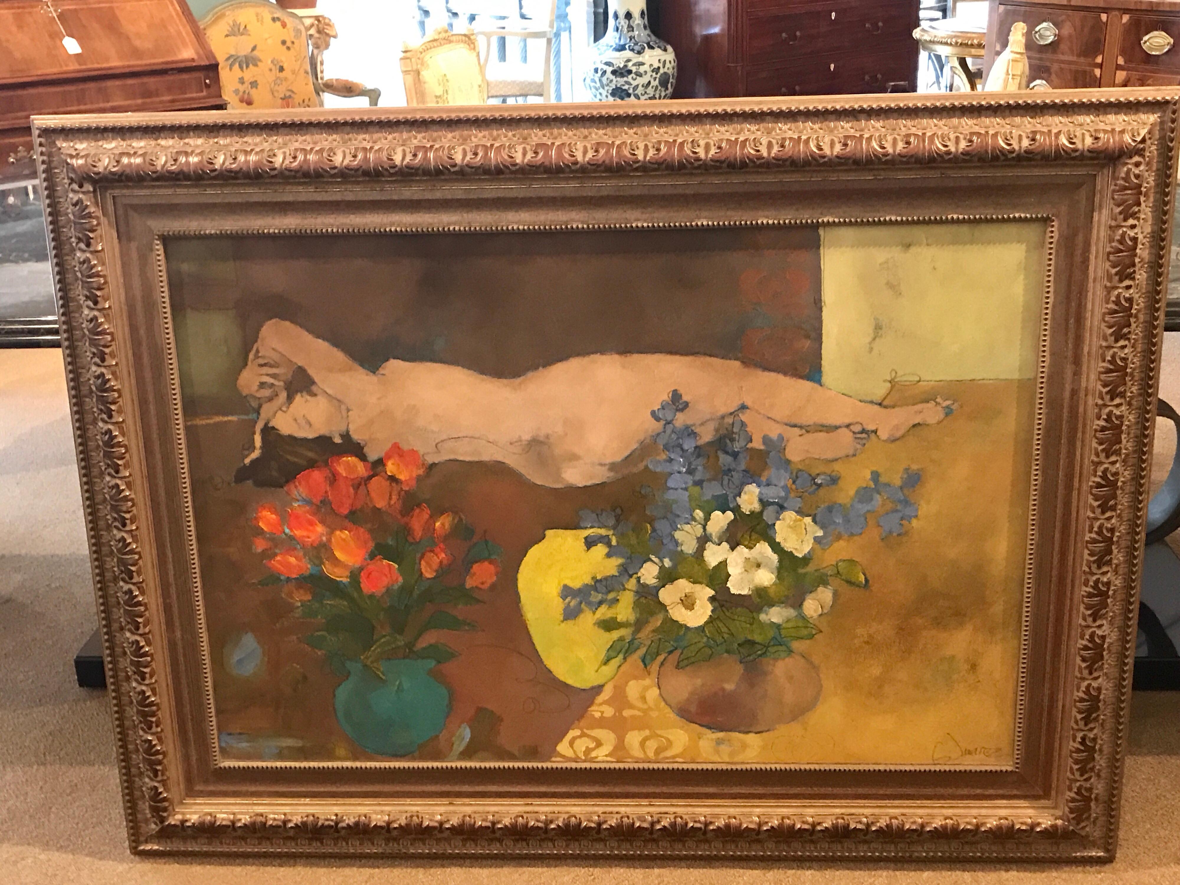 Sleeping Beauty by G. Juarez
Interior with flowers and recumbent female nude
Latin American School
20th century 
Interior with flowers and recumbent female nude
Oil on canvas 44