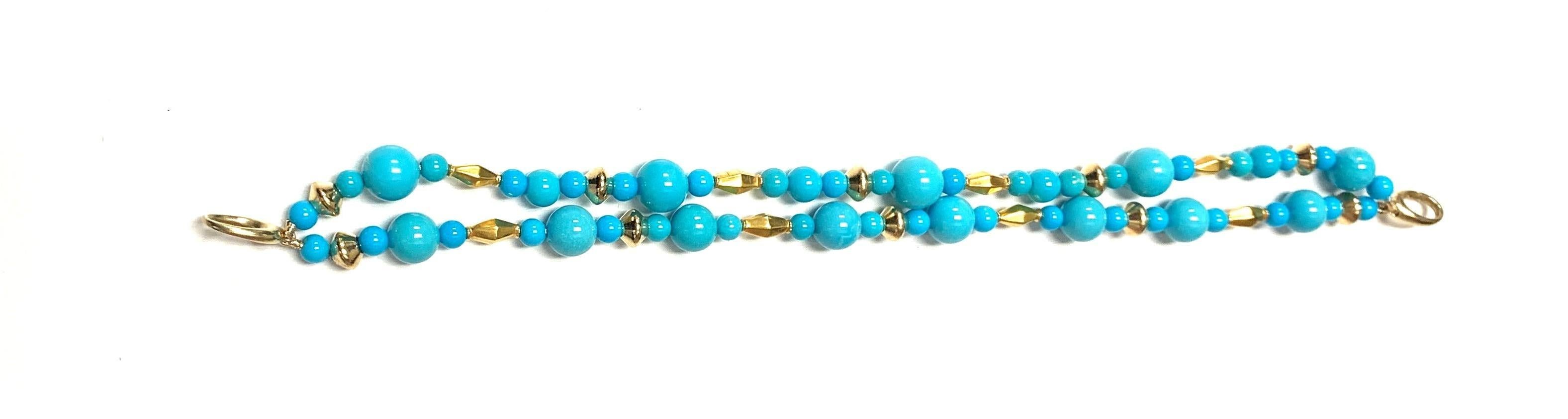 This gorgeous double strand bracelet features highly prized natural turquoise beads from the Sleeping Beauty Mine in Arizona. Famous for its 