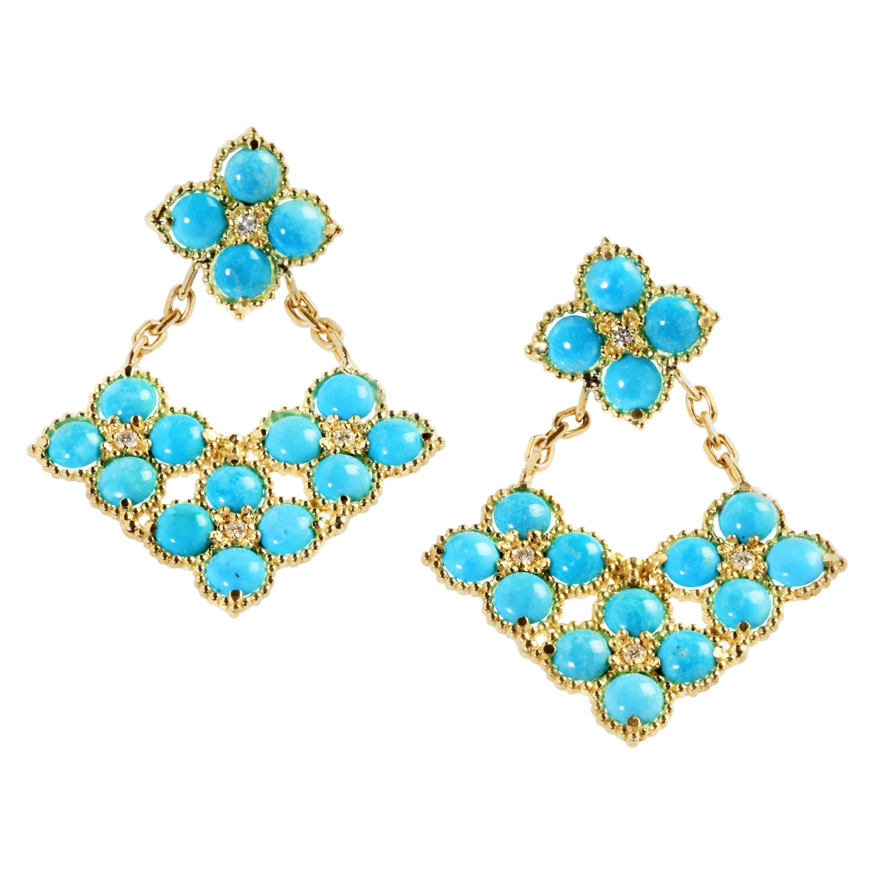 Stambolian Sleeping Beauty Turquoise 18K Gold Diamond Floral Drop Earrings