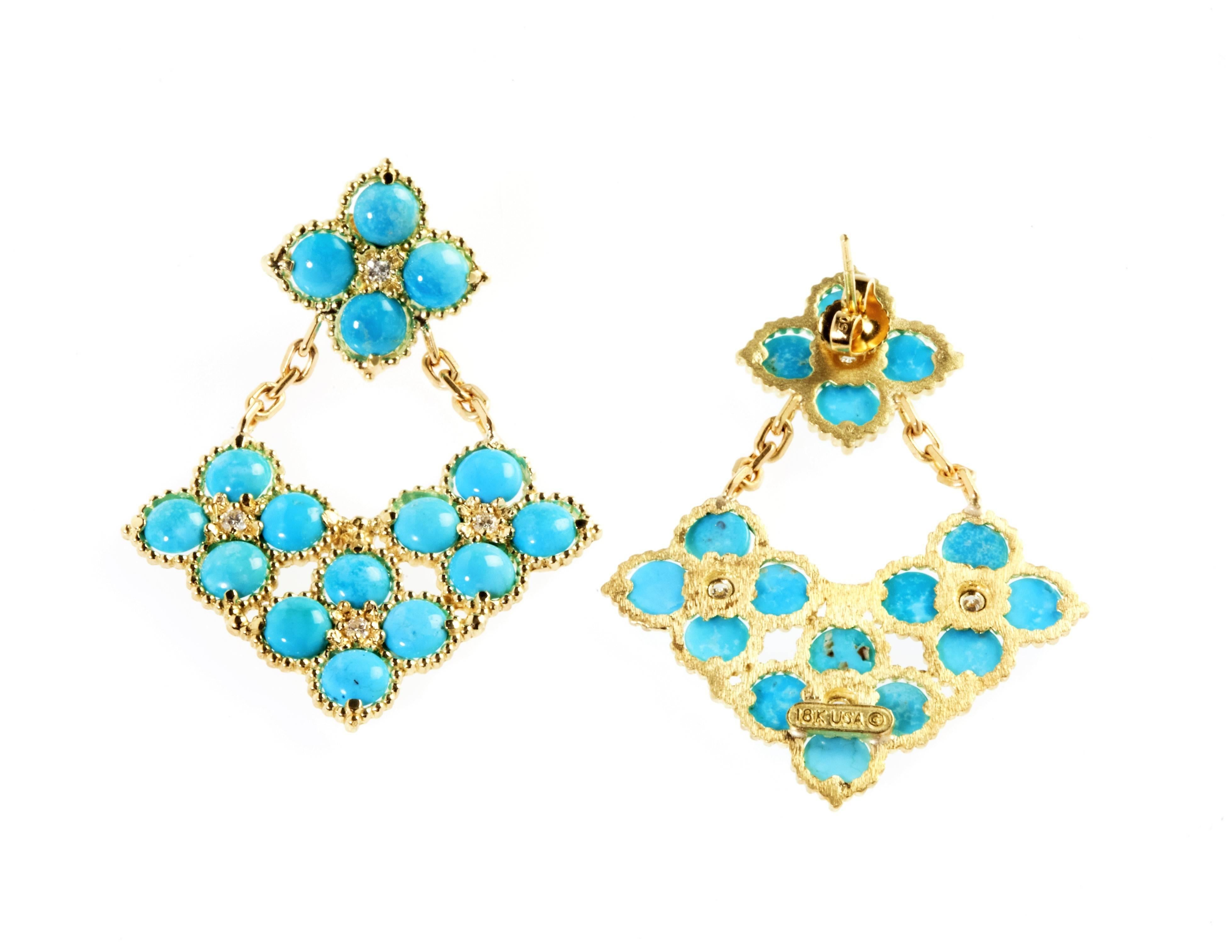 Stambolian Sleeping Beauty Turquoise 18K Gold Diamond Floral Drop Earrings

NO RESERVE PRICE 

Each turquoise is 5mm, 15.00ct. total weight (32 total). Sleeping beauty turquoise has become one of the worlds most sought after gemstones and it has