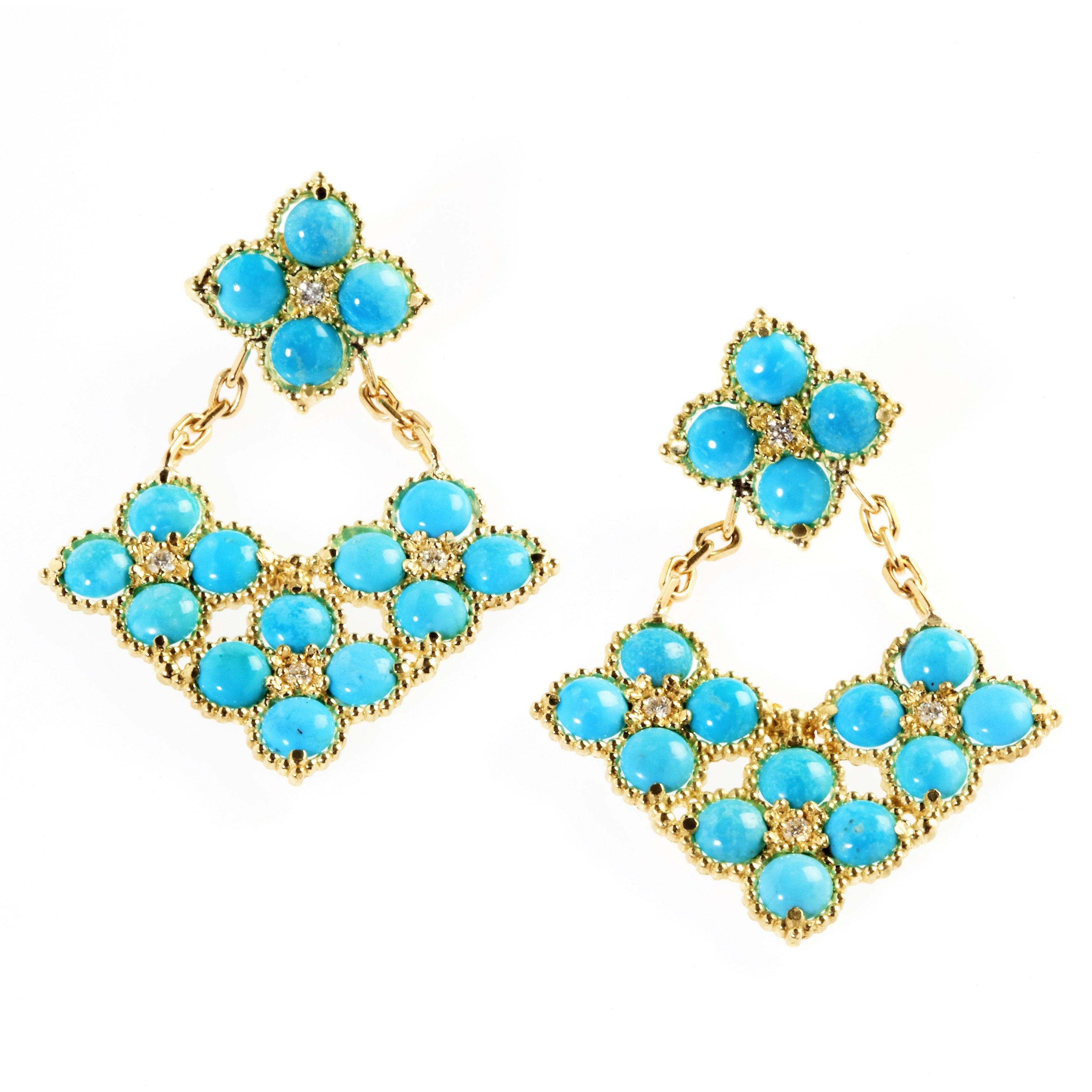 Stambolian Sleeping Beauty Turquoise 18K Gold Diamond Floral Drop Earrings In New Condition In Boca Raton, FL