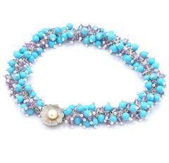 Sleeping Beauty Turquoise and Amethyst Bracelet with 14K White Solid Gold Clasp