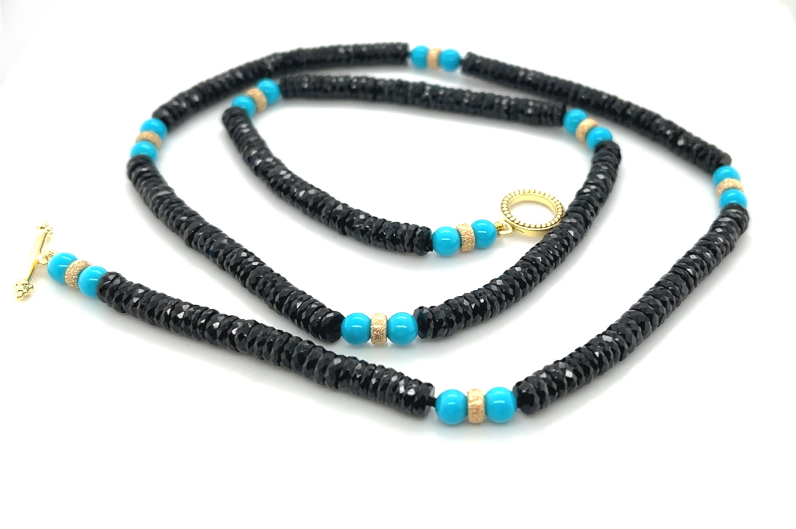 Sleeping Beauty Turquoise and Black Spinel and Gold Beaded Necklace In New Condition For Sale In Los Angeles, CA