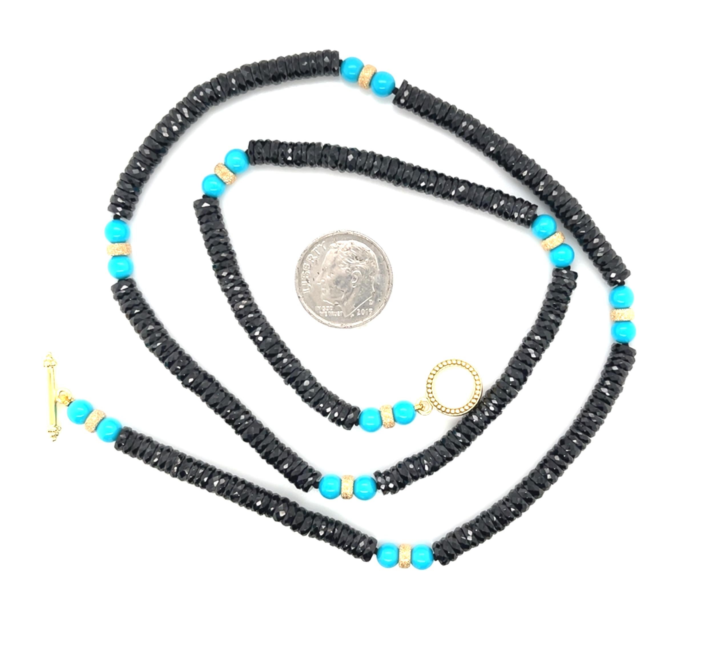 Women's or Men's Sleeping Beauty Turquoise and Black Spinel and Gold Beaded Necklace For Sale