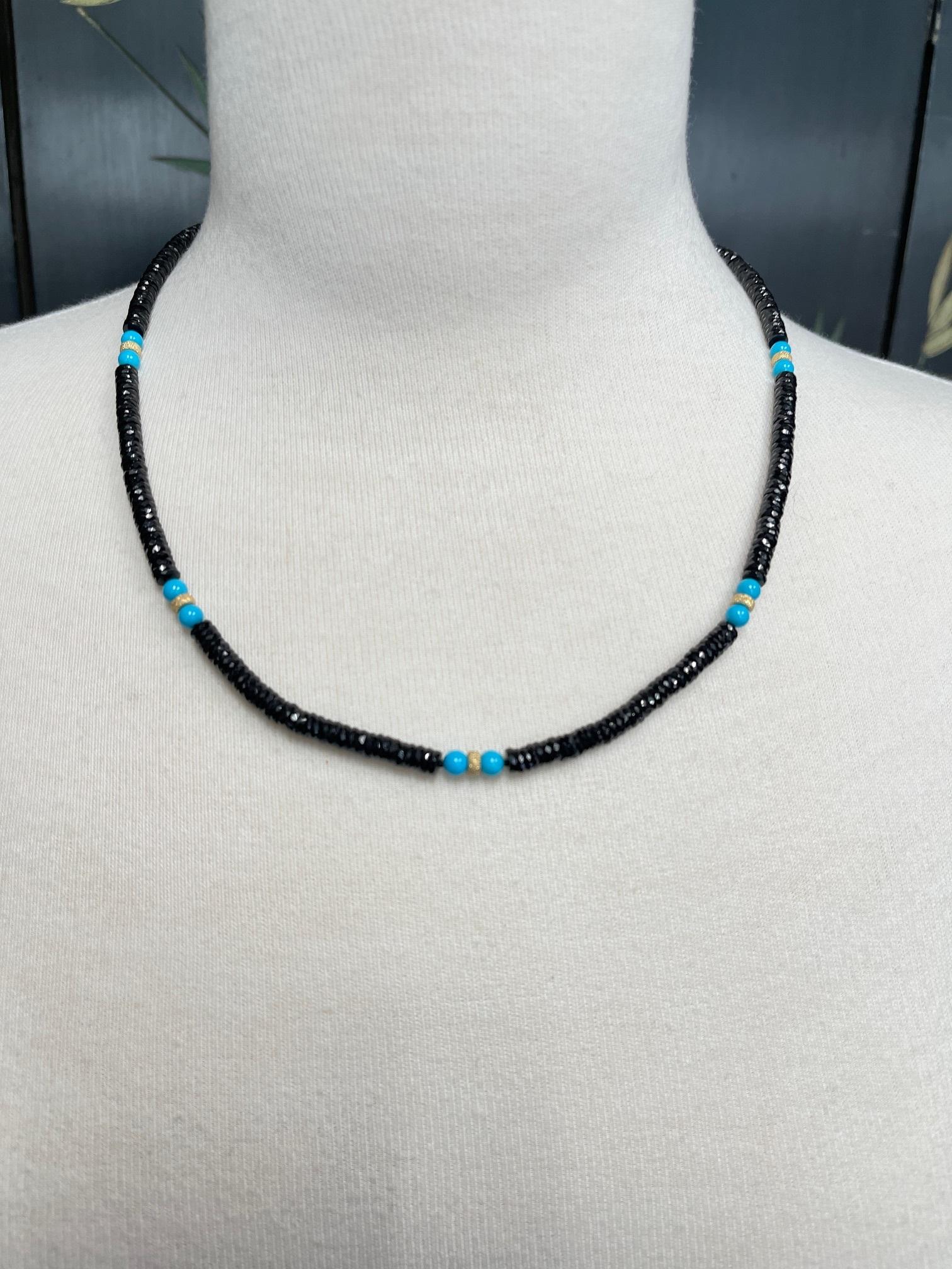 Sleeping Beauty Turquoise and Black Spinel and Gold Beaded Necklace For Sale 1