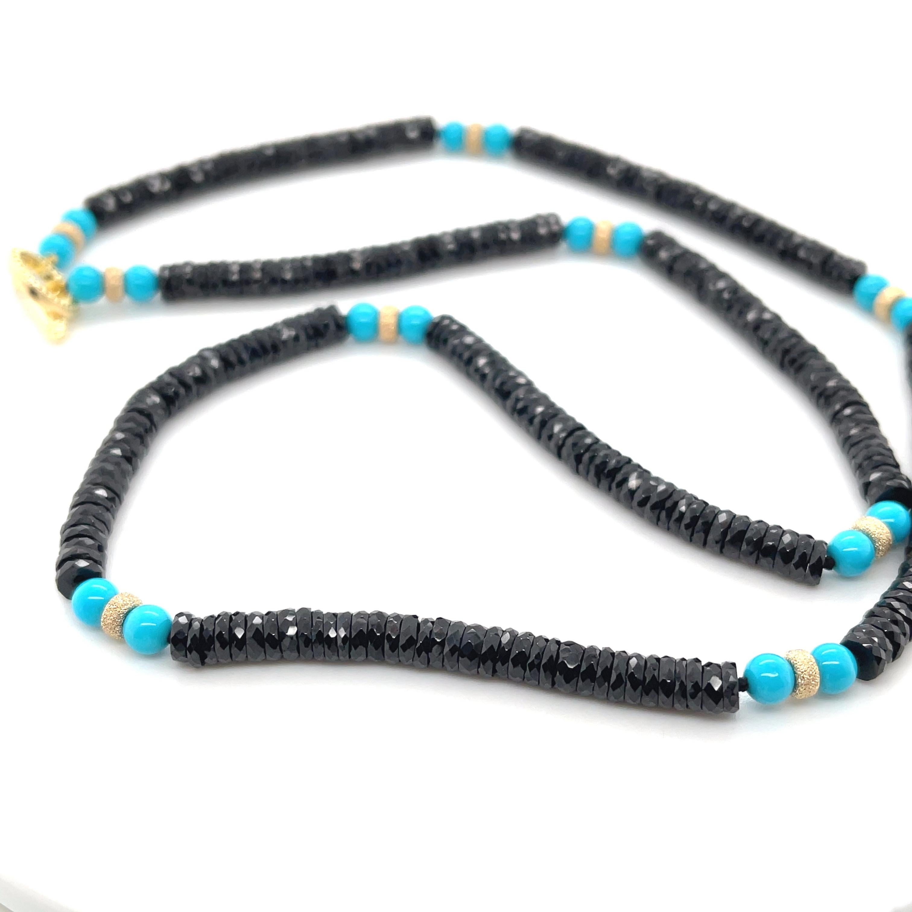 Sleeping Beauty Turquoise and Black Spinel and Gold Beaded Necklace For Sale 2