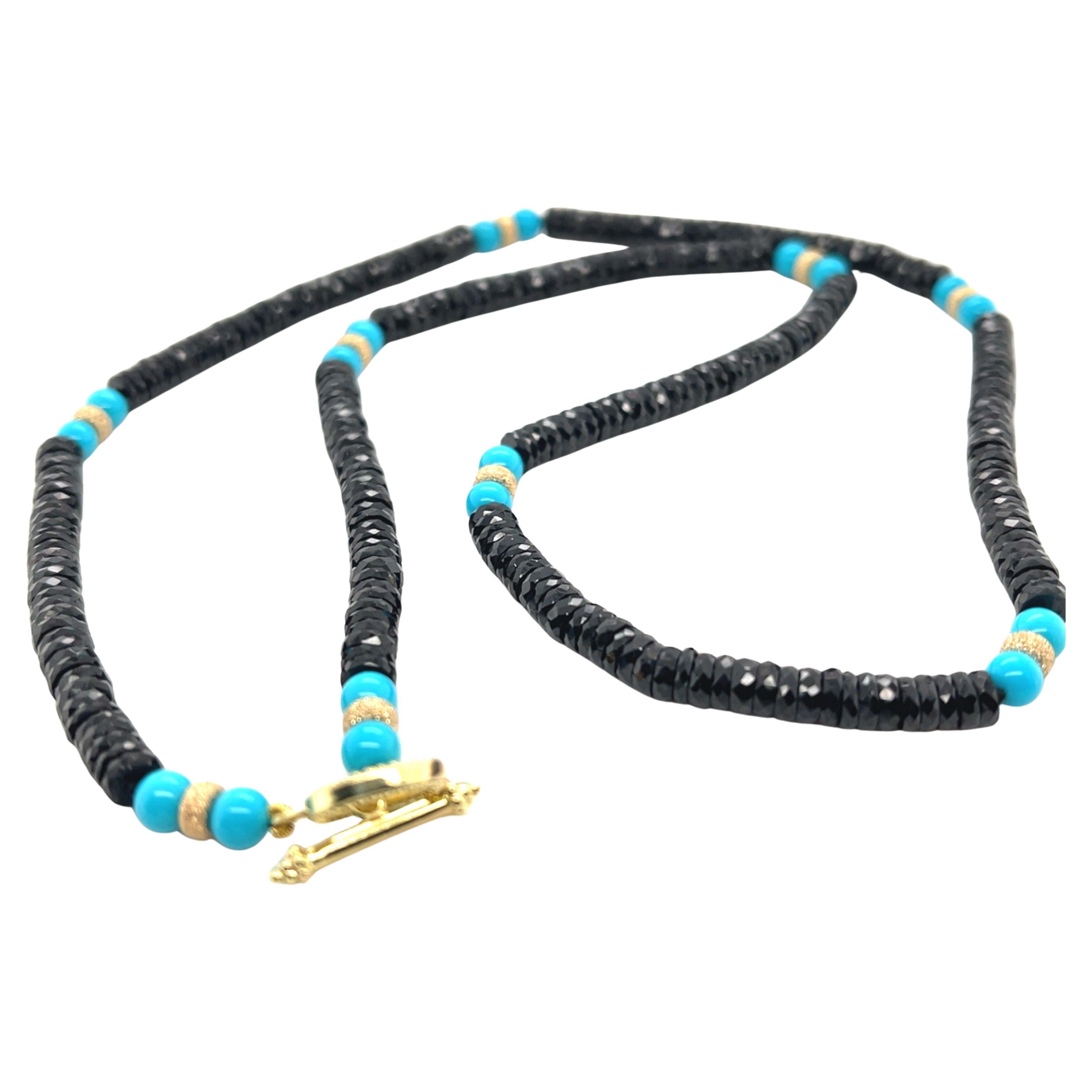 Sleeping Beauty Turquoise and Black Spinel and Gold Beaded Necklace For Sale