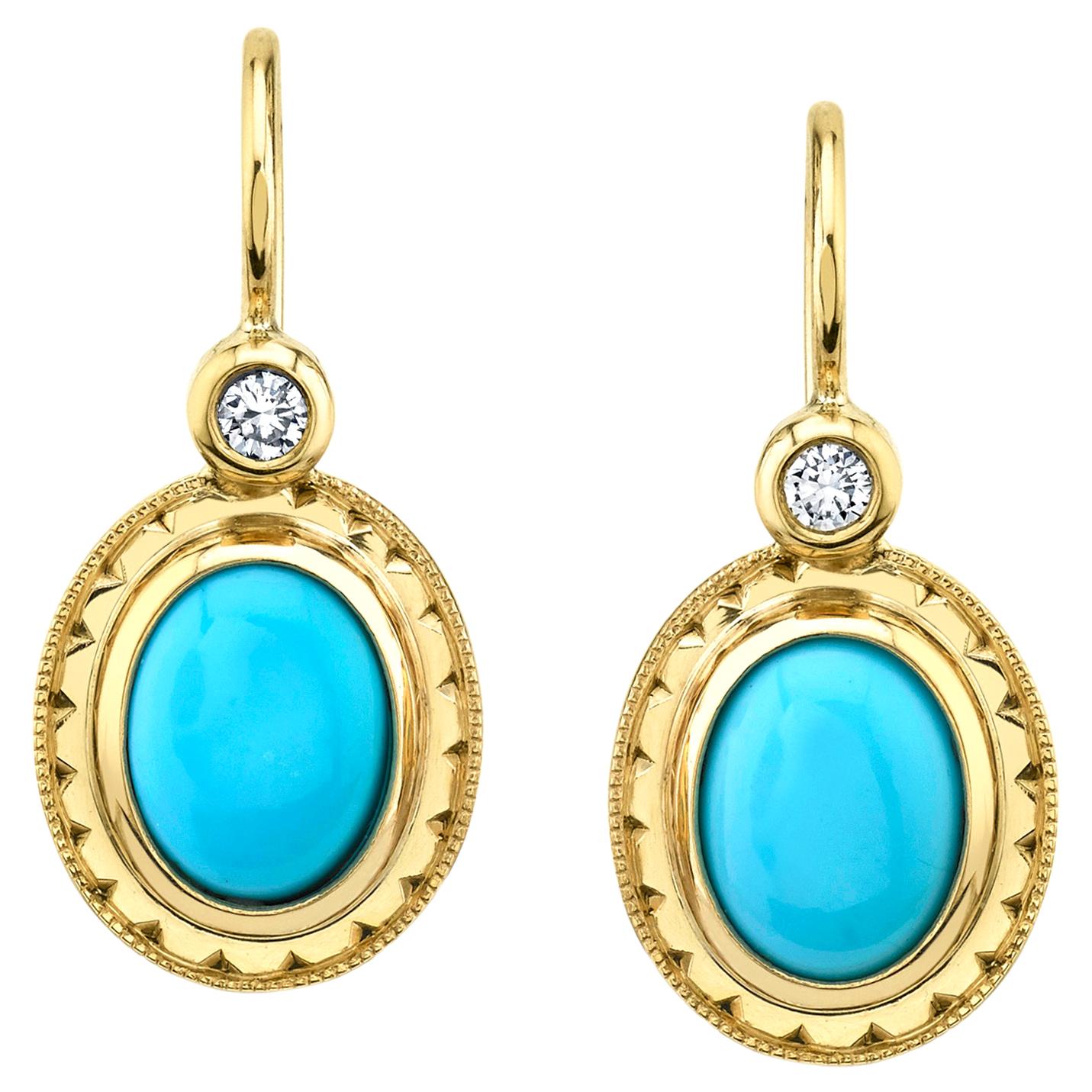 Sleeping Beauty Turquoise and Diamond Yellow Gold Bezel Set Drop Earrings