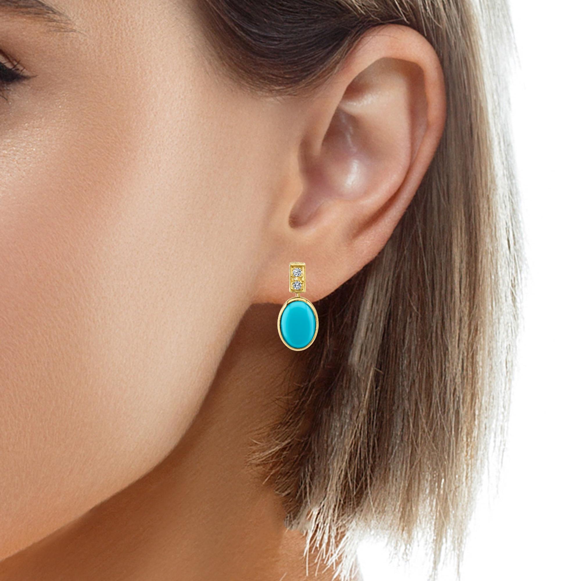 Sleeping Beauty Turquoise and Diamond Drop Earrings in 18k Yellow Gold  4