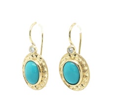 Sleeping Beauty Turquoise and Diamond Drop Earrings in 18k Yellow Gold