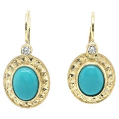 Sleeping Beauty Turquoise and Diamond Drop Earrings in 18k Yellow Gold