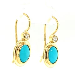 Sleeping Beauty Turquoise and Diamond Drop Handmade Earrings in 18k Yellow Gold