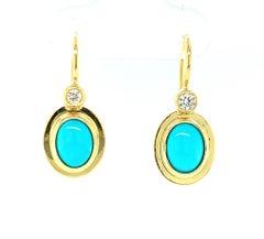 Sleeping Beauty Turquoise and Diamond Drop Handmade Earrings in 18k Yellow Gold