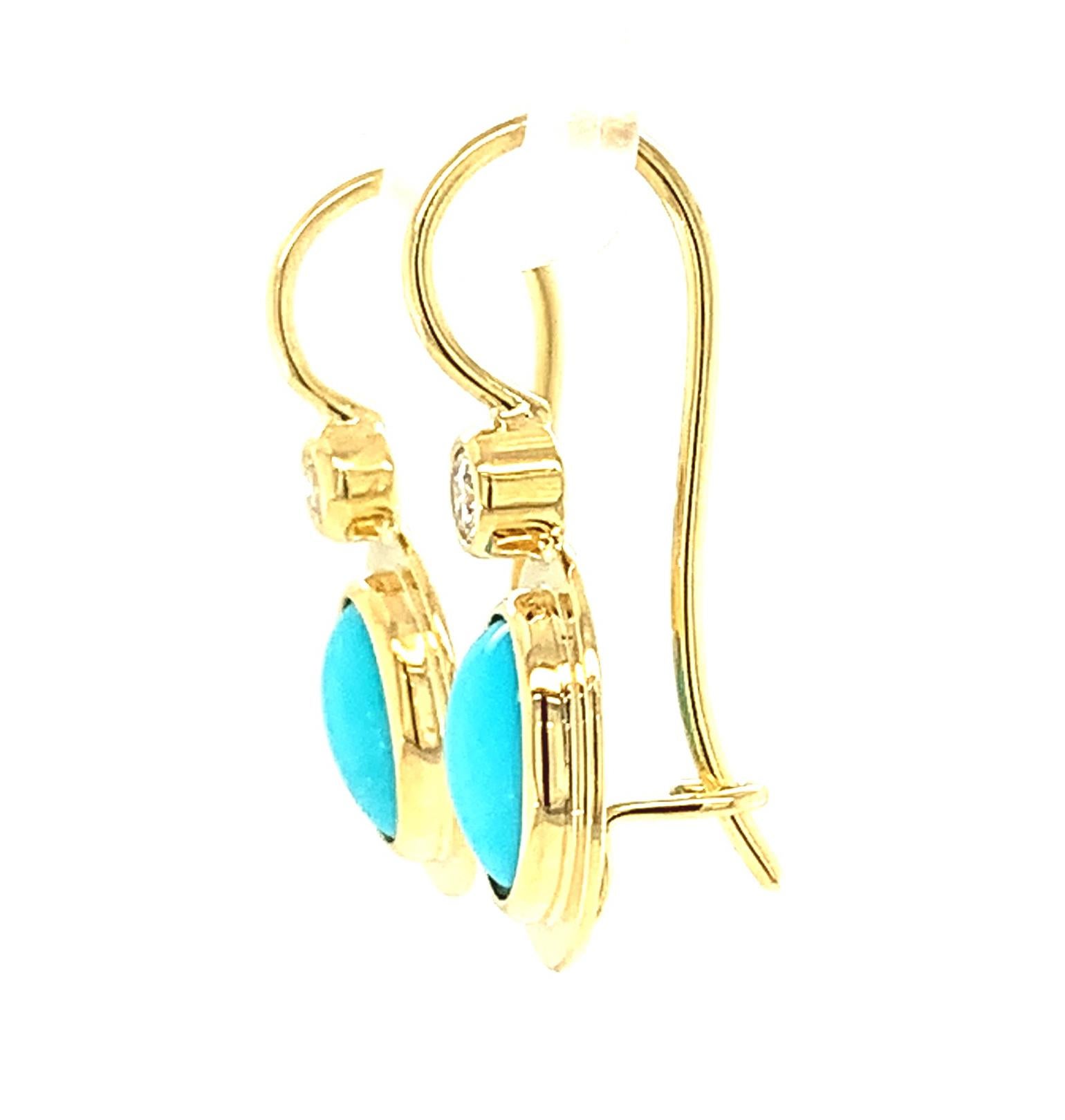 Pendientes artesanales de gota de turquesa y diamantes de la Bella Durmiente en oro amarillo de 18k Cabujón en venta
