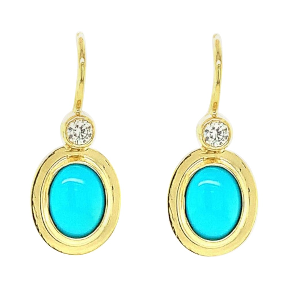 Pendientes artesanales de gota de turquesa y diamantes de la Bella Durmiente en oro amarillo de 18k en venta