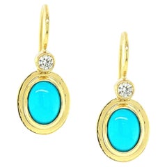 Boucles d'oreilles pendantes en or jaune 18 carats, turquoise et diamants, faites à la main, Sleeping Beauty