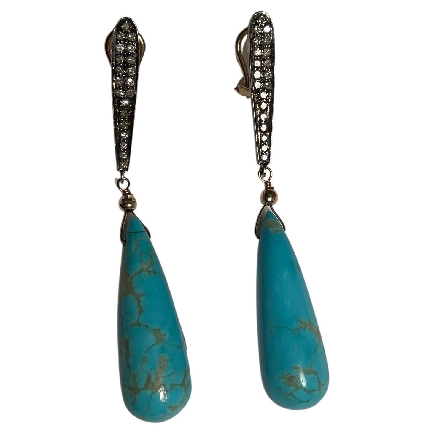 Artisan Sleeping Beauty Turquoise and Diamond Earrings For Sale
