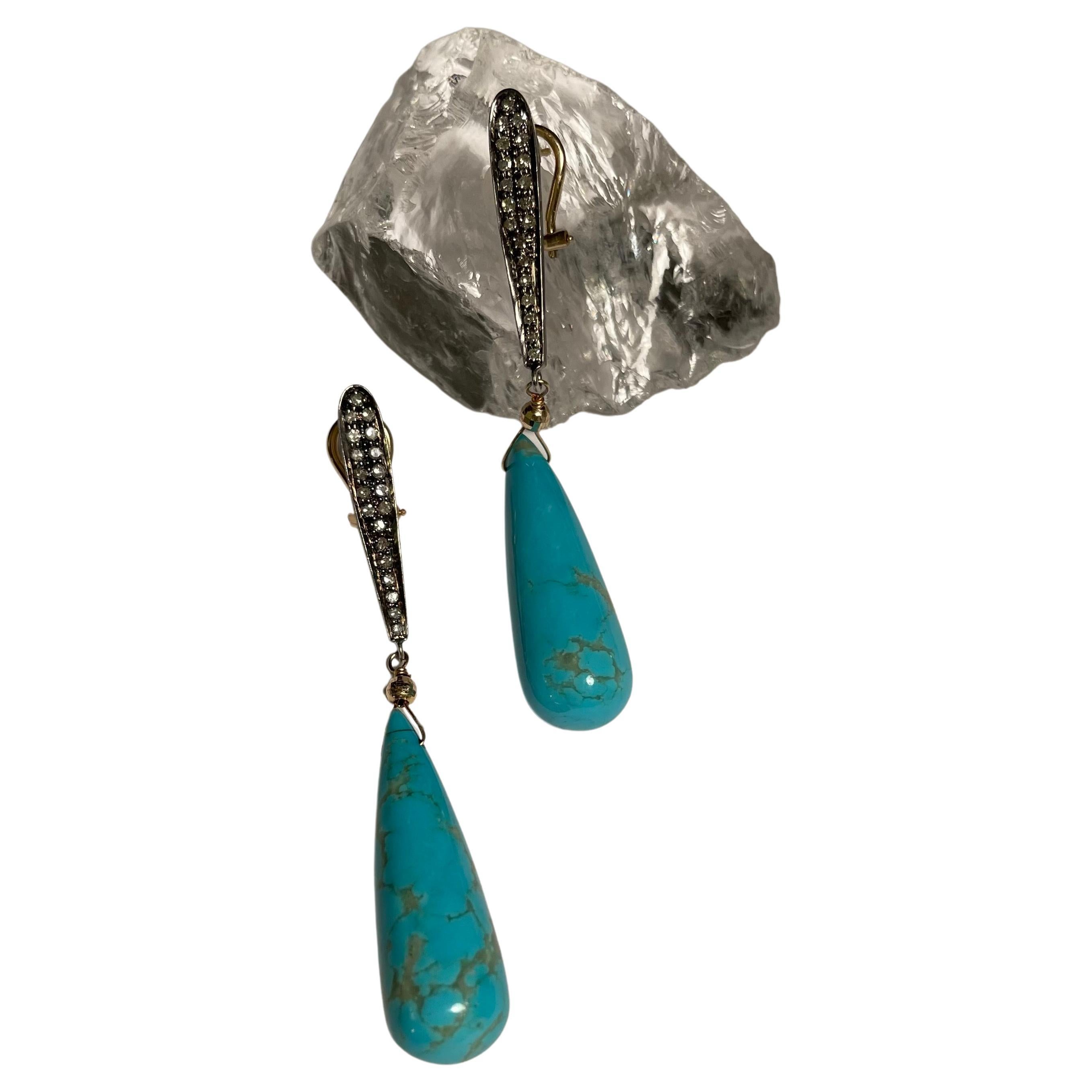 Women's Sleeping Beauty Turquoise and Diamond Earrings For Sale