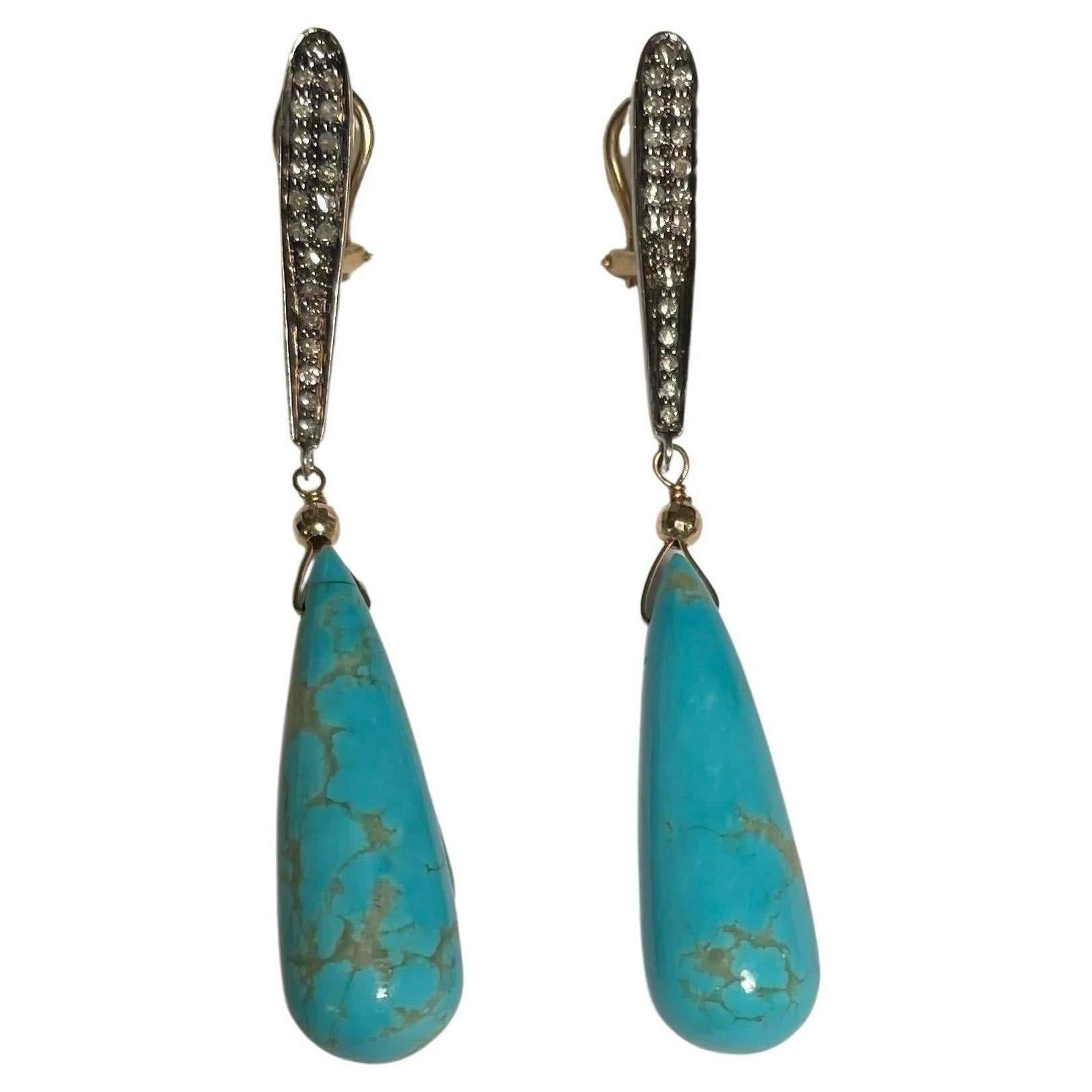 Sleeping Beauty Turquoise and Diamond Earrings For Sale