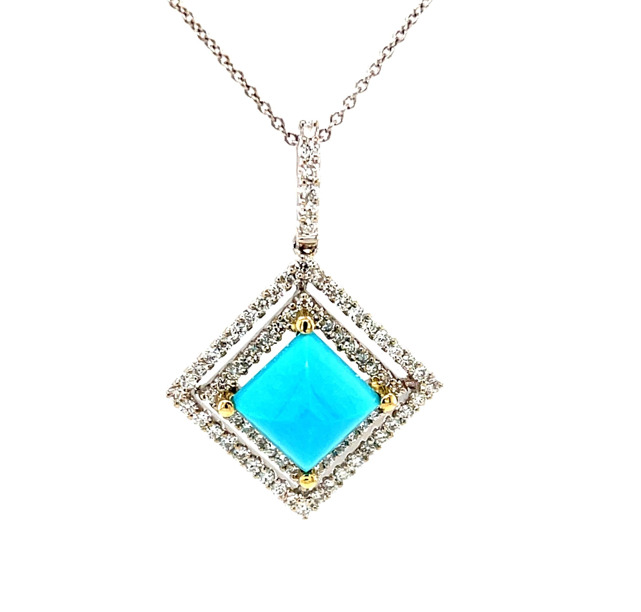 Questa collana accattivante presenta uno splendido turchese sugarloaf da 8 mm con diamanti bianchi brillanti incastonati in oro 18 carati. Il turchese ha un bel colore blu uovo di pettirosso e proviene dalla rinomata Miniera della Bella Addormentata