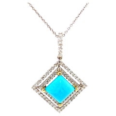 Sleeping Beauty Turquoise and Diamond Halo Pendant Necklace in 18k White Gold