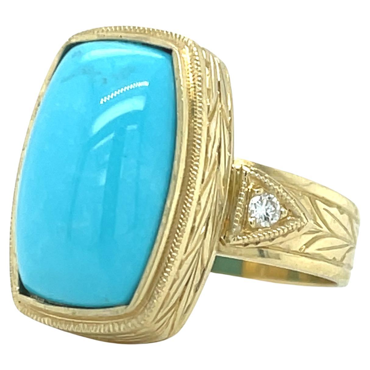 This handsome 18k yellow gold handcrafted ring features a gorgeous, 4.46 carat cushion-shaped turquoise cabochon from Arizona's world renowned Sleeping Beauty turquoise mine. Sleeping Beauty turquoise is highly-prized for its stunningly uniform,