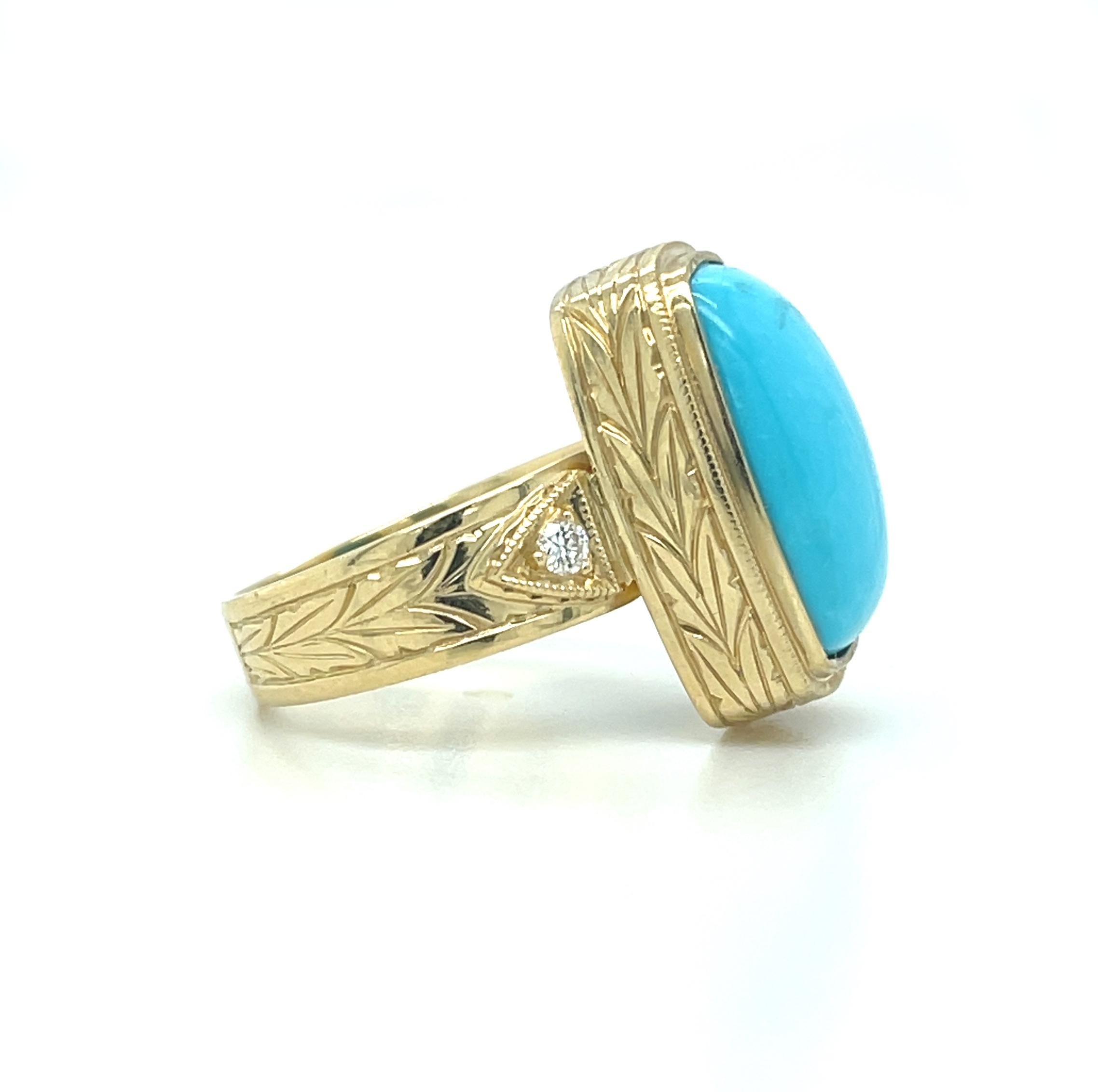 Artisan Sleeping Beauty Turquoise and Diamond Ring in 18k Yellow Gold For Sale