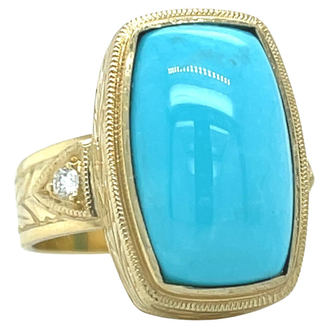 Sleeping Beauty Turquoise and Diamond Ring in 18k Yellow Gold For Sale