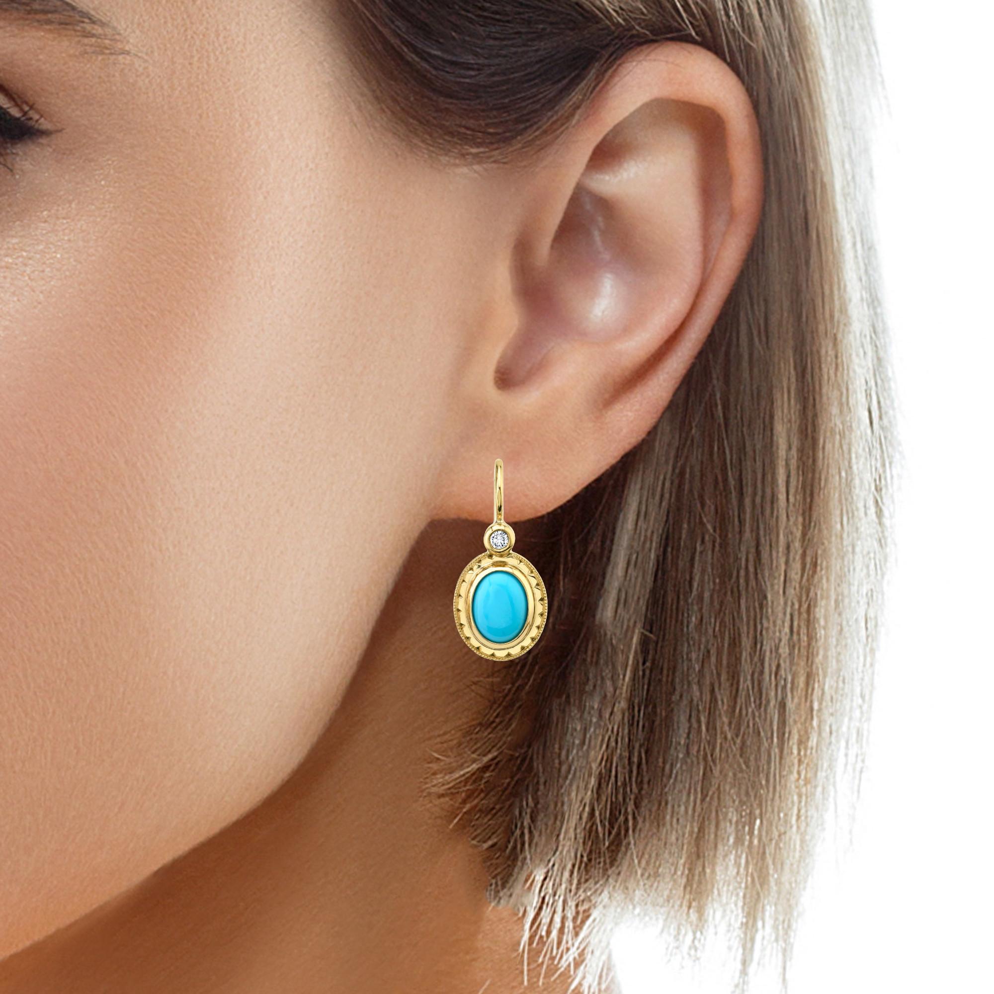 Women's or Men's Sleeping Beauty Turquoise and Diamond Drop Earrings in Yellow Gold