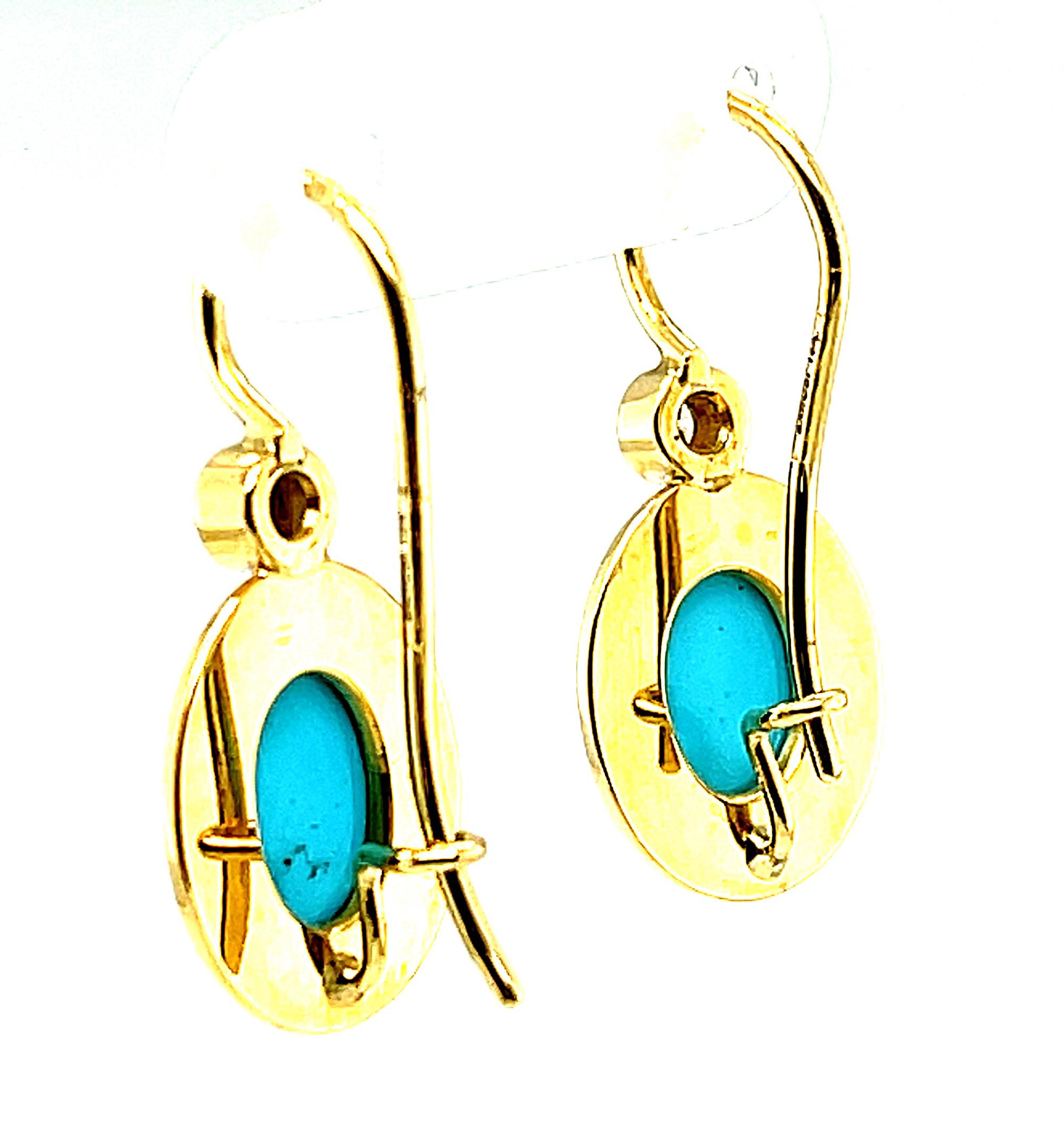 Artisan Sleeping Beauty Turquoise and Diamond Drop Earrings in Yellow Gold For Sale