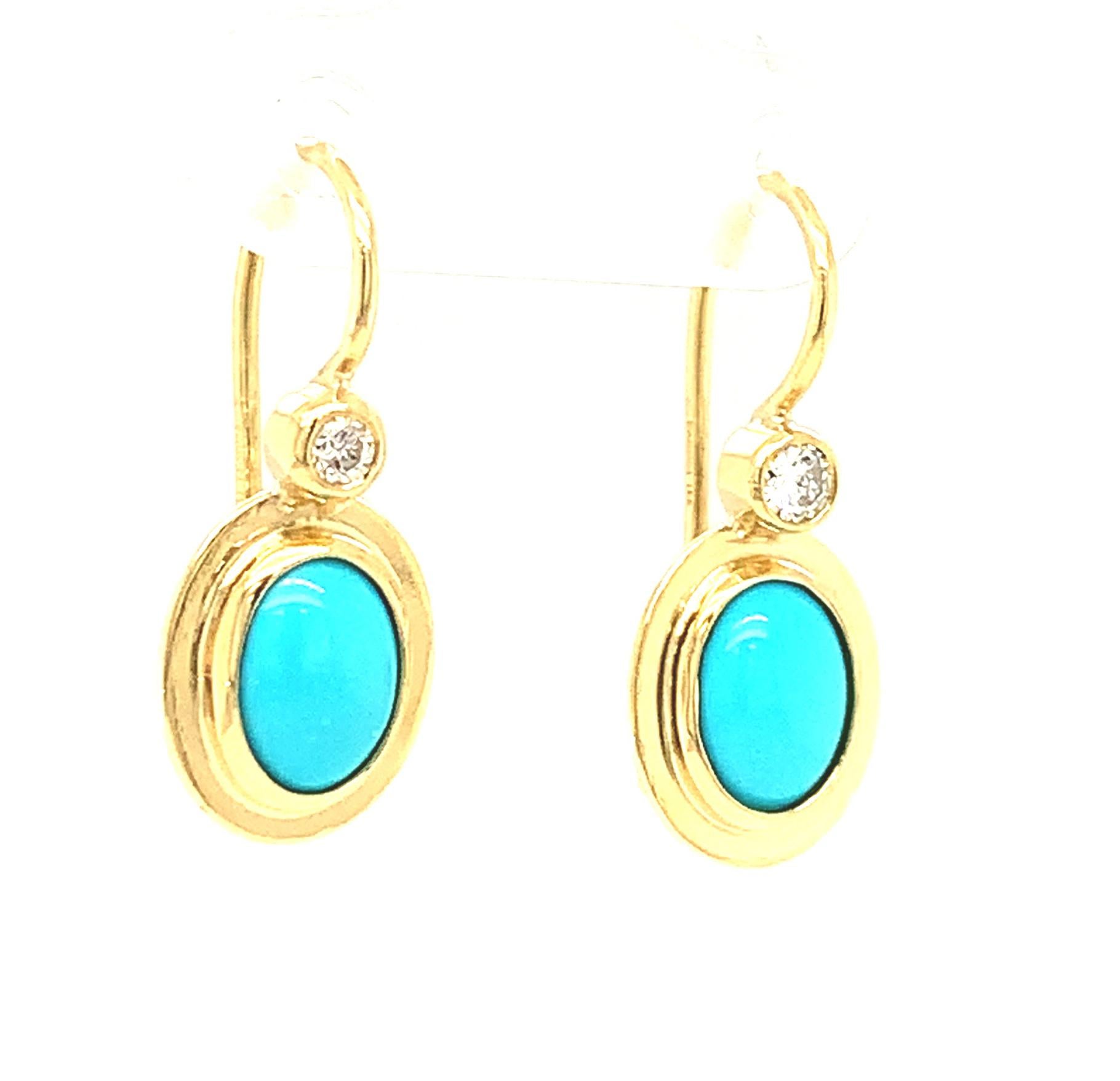 Artisan Sleeping Beauty Turquoise and Diamond Drop Earrings in Yellow Gold For Sale