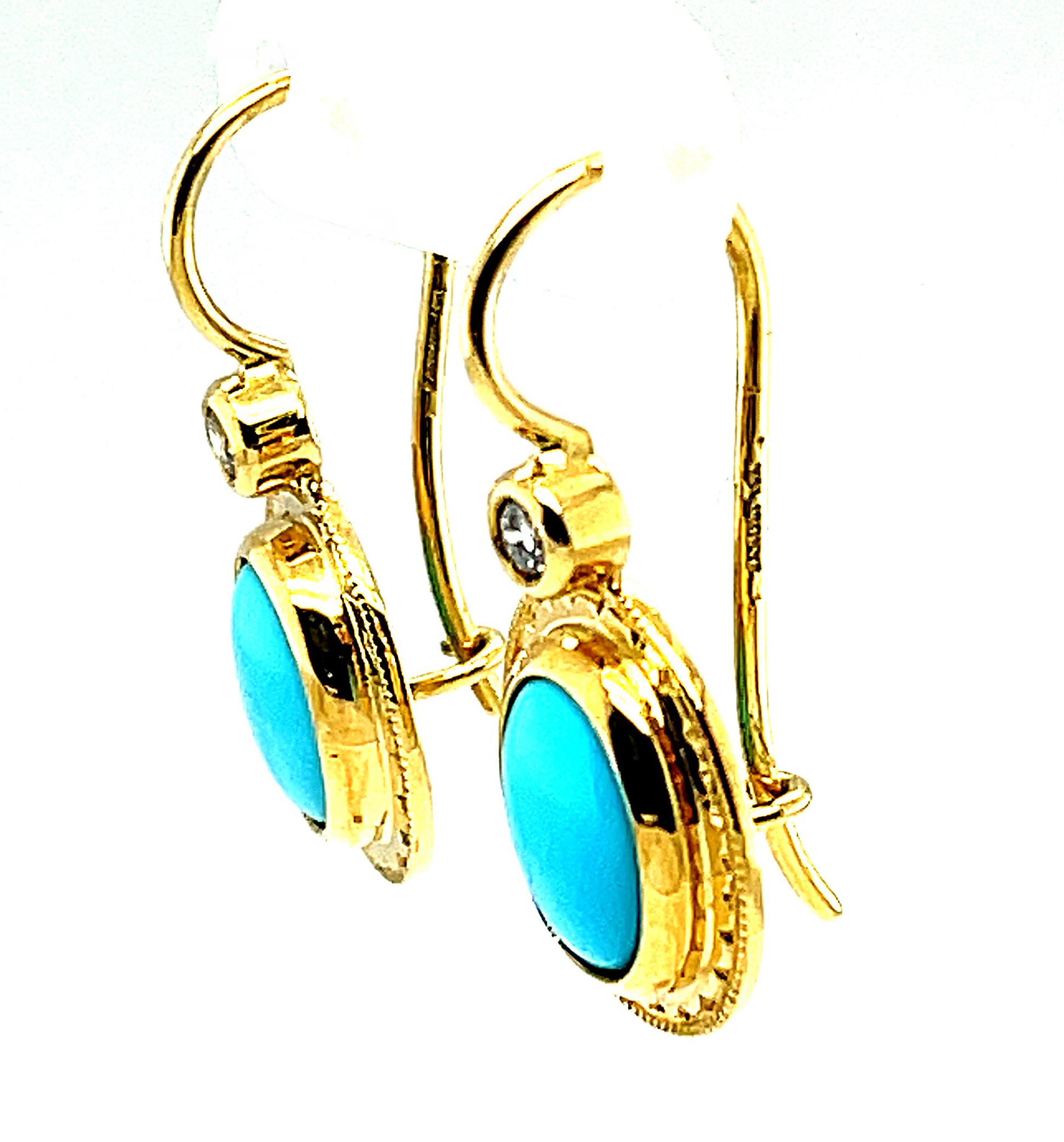 Cabochon Sleeping Beauty Turquoise and Diamond Drop Earrings in Yellow Gold For Sale