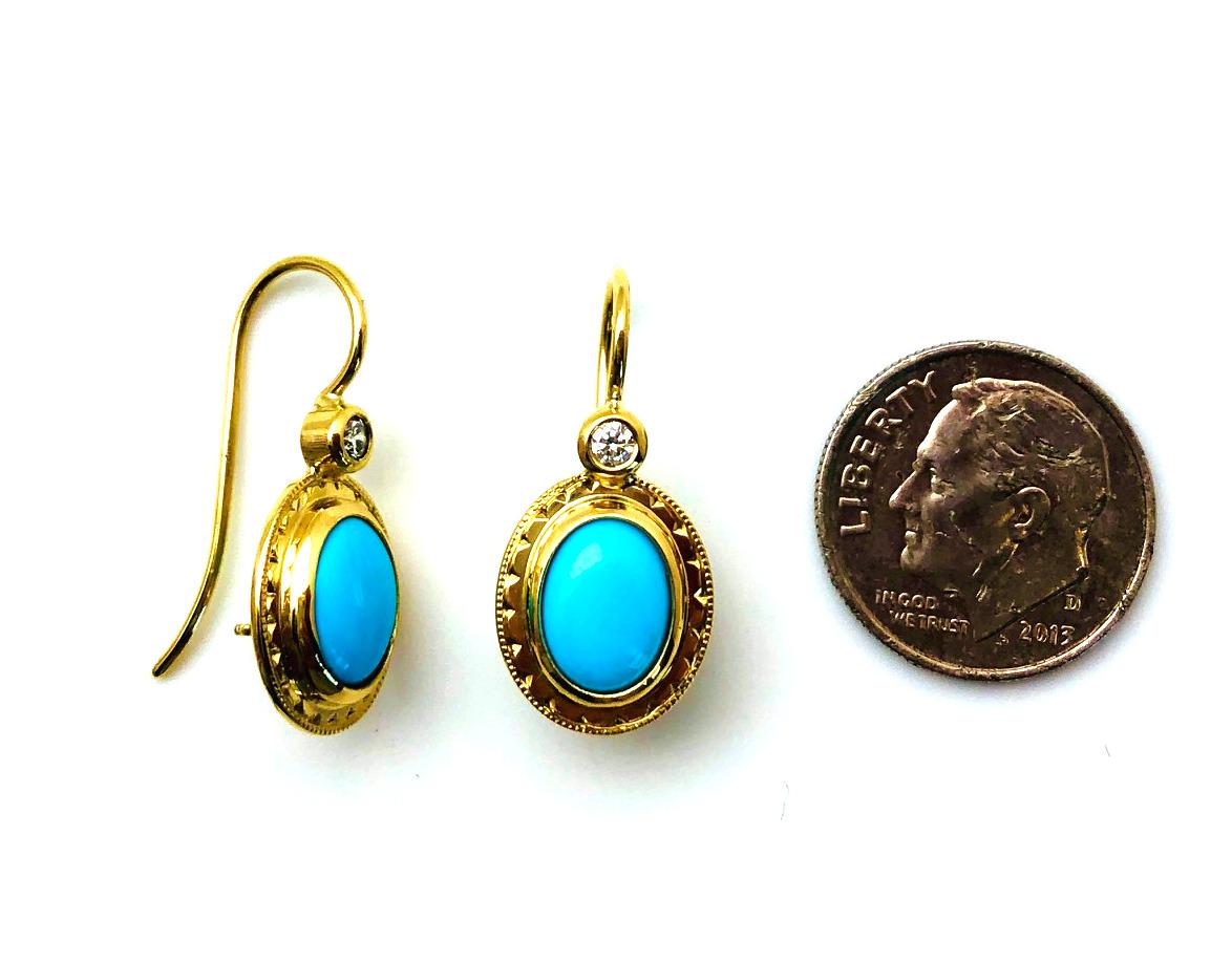 Sleeping Beauty Turquoise and Diamond Drop Earrings in Yellow Gold In New Condition In Los Angeles, CA